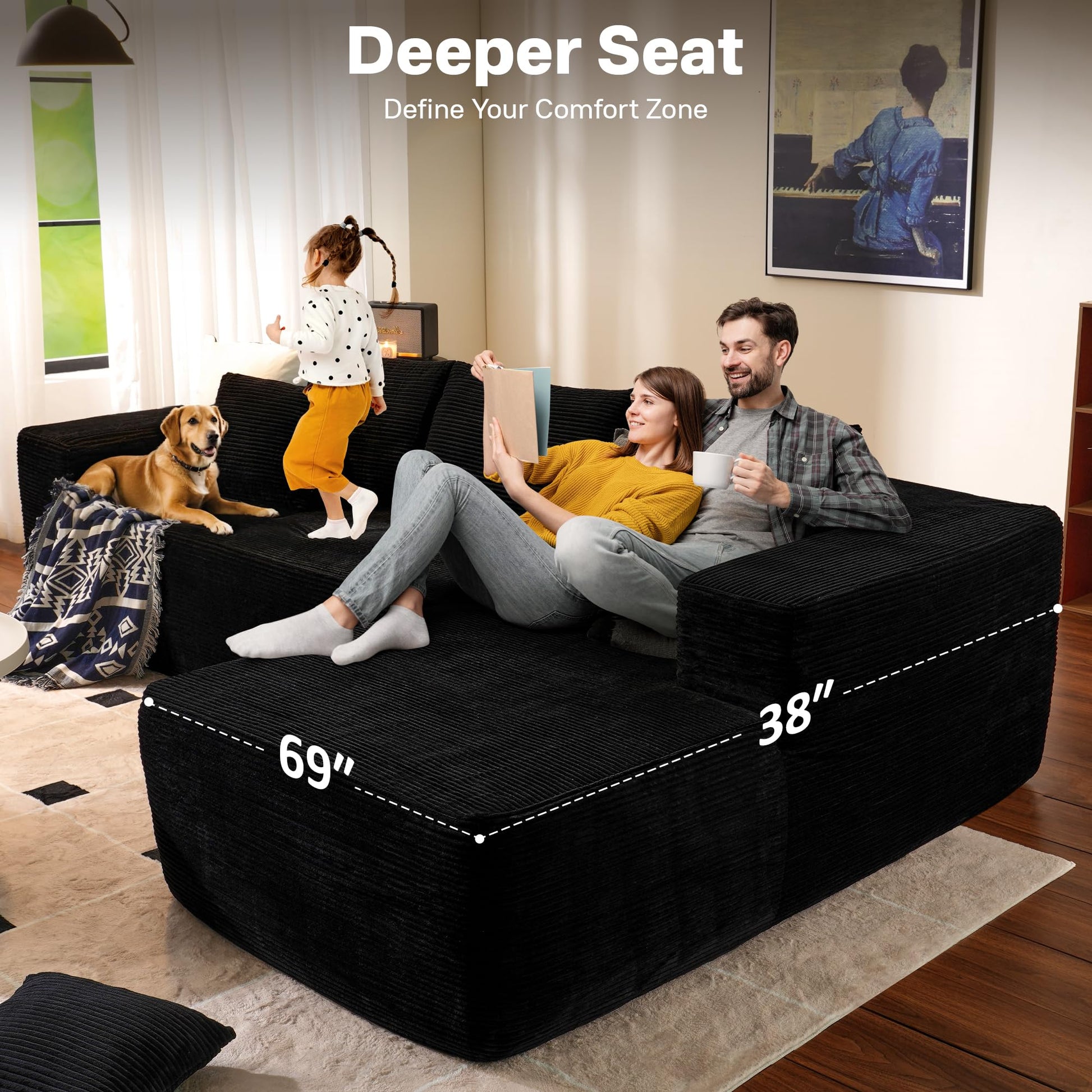 OVIOS 104" L-Shape Modular Couch with Chaise,Corduroy Fabric,No Assembly Required