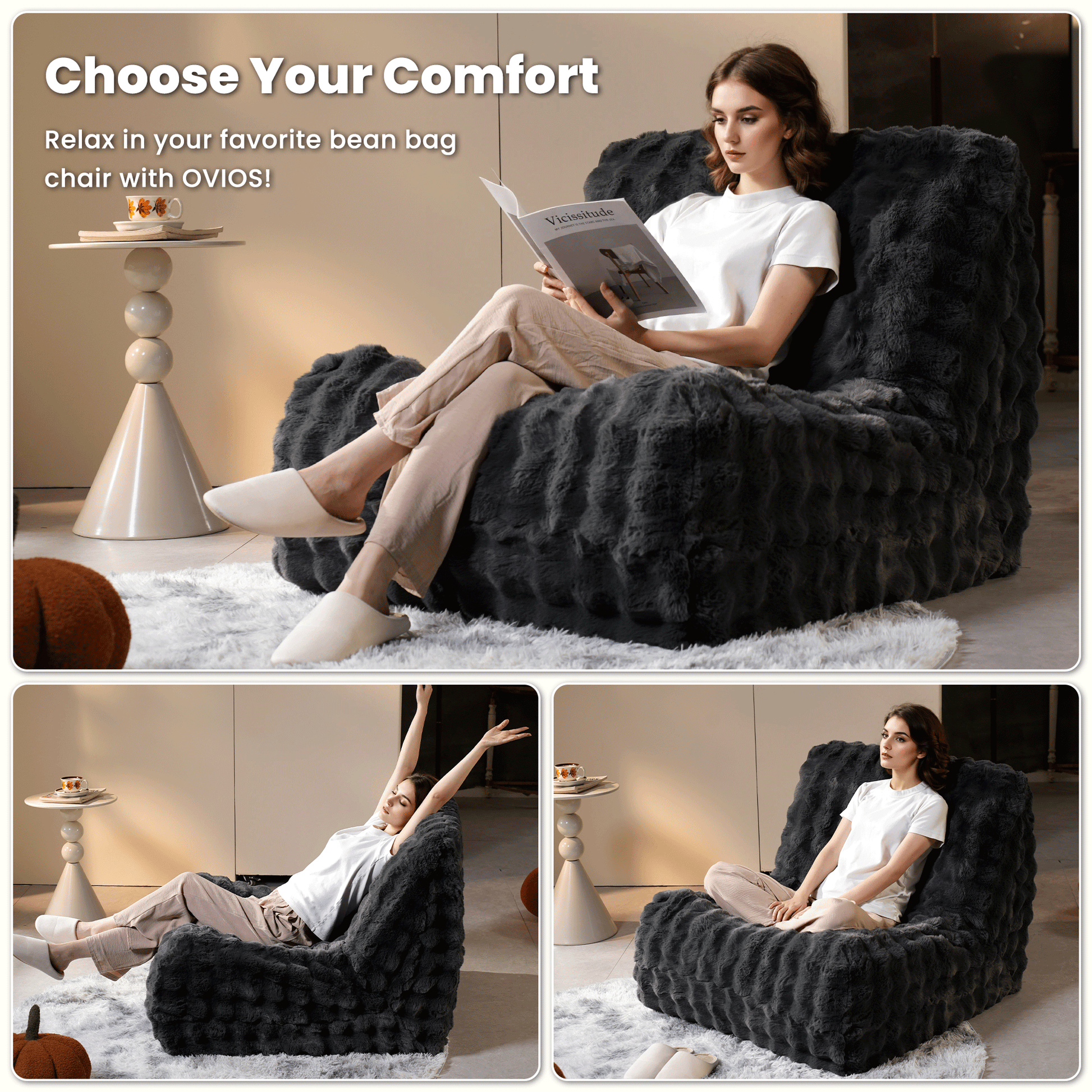 OVIOS Luxurious Fluffy Faux Fur Bean Bag Couch