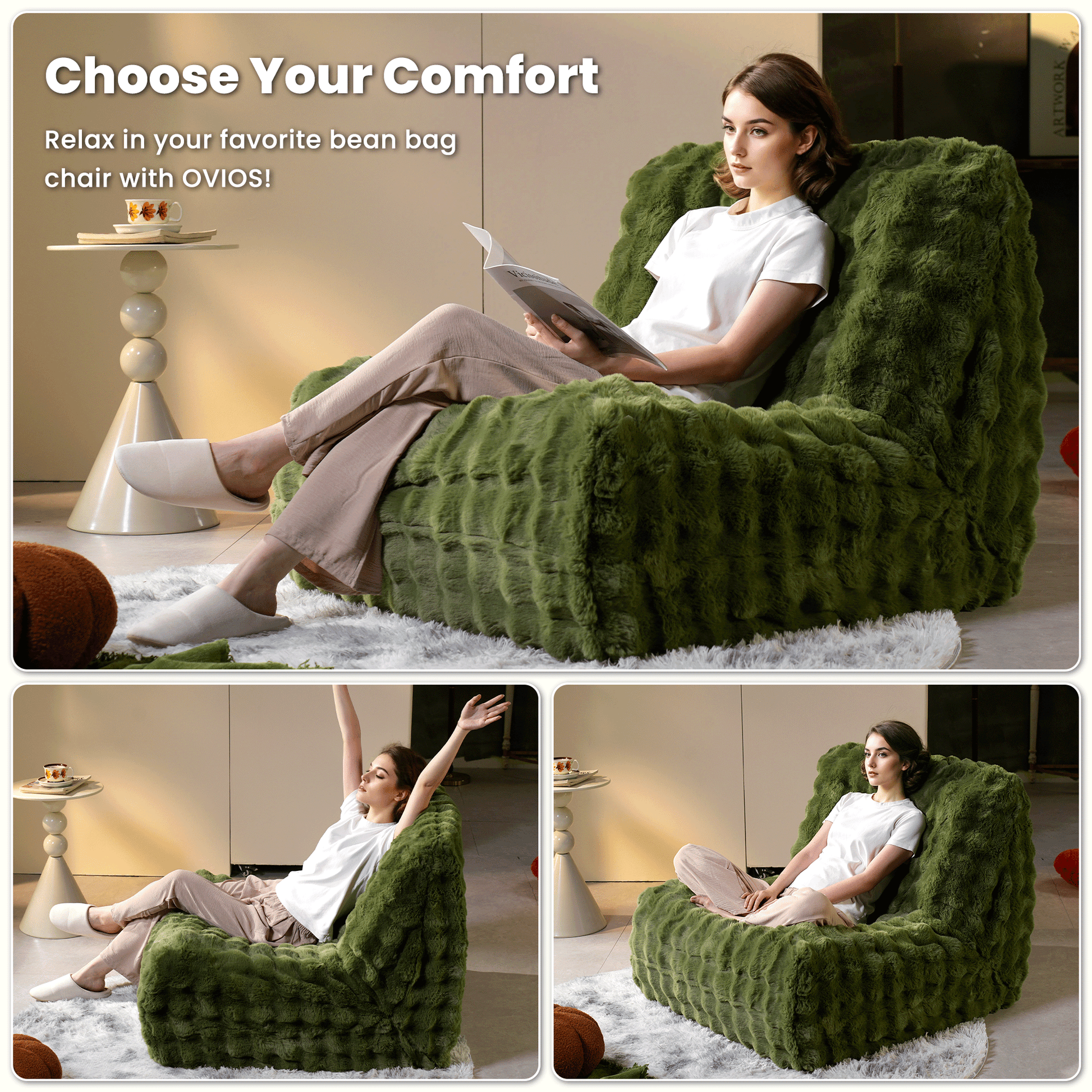 OVIOS Luxurious Fluffy Faux Fur Bean Bag Couch