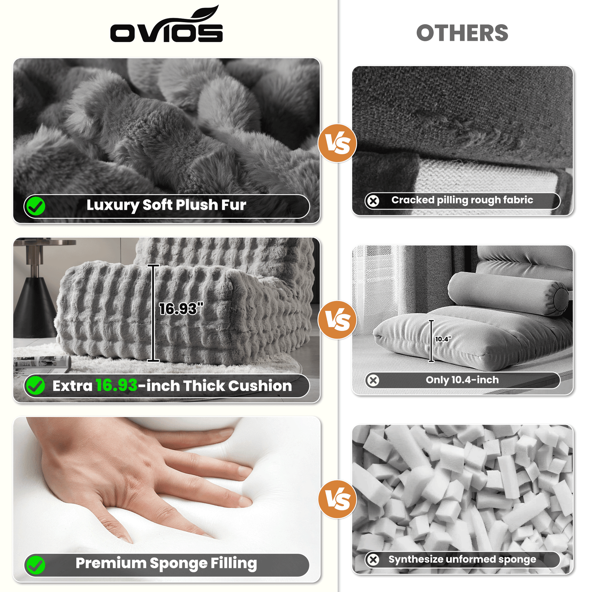 OVIOS Luxurious Fluffy Faux Fur Bean Bag Couch