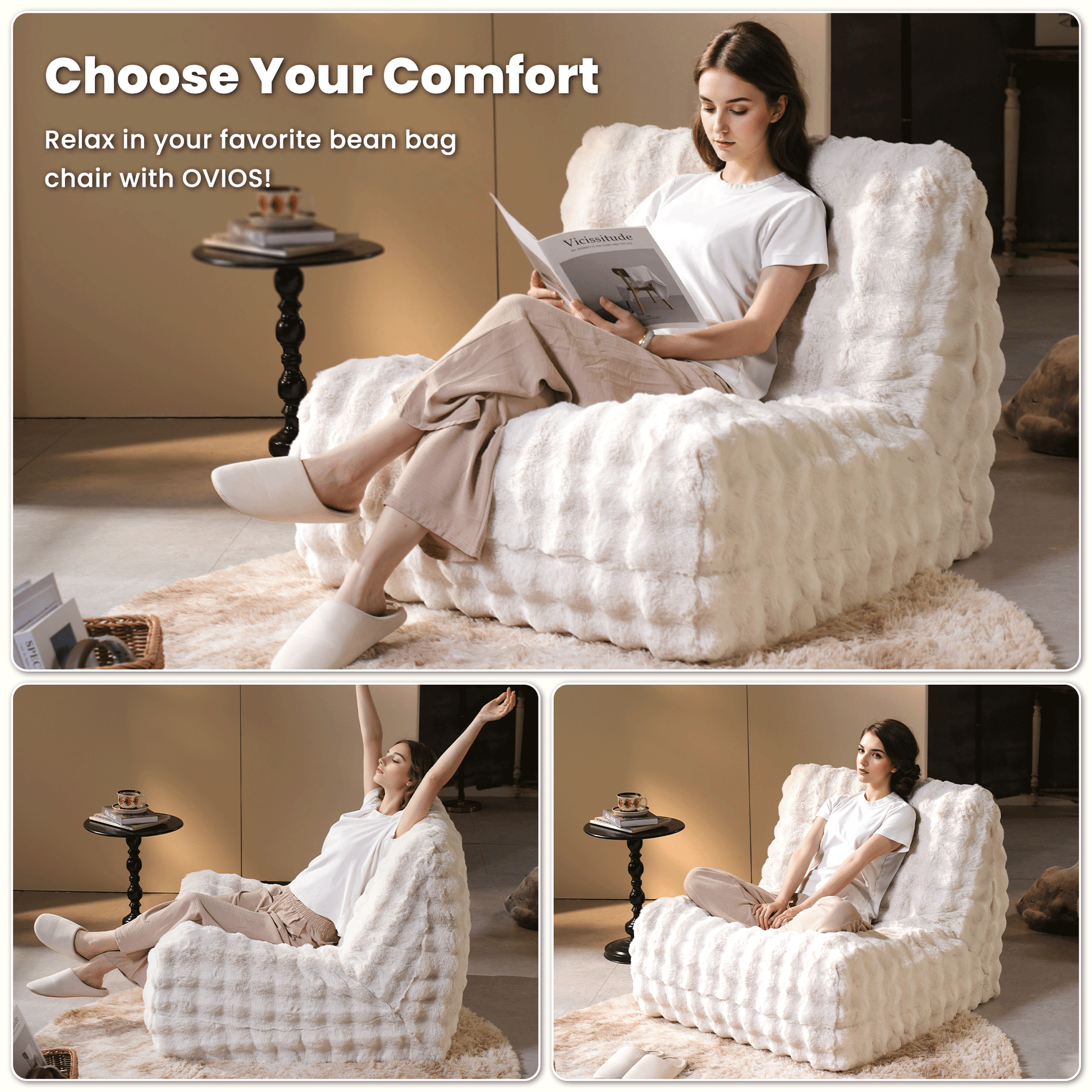 OVIOS Luxurious Fluffy Faux Fur Bean Bag Couch