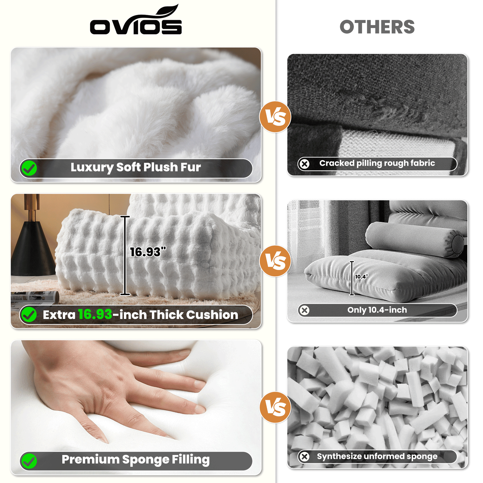 OVIOS Luxurious Fluffy Faux Fur Bean Bag Couch