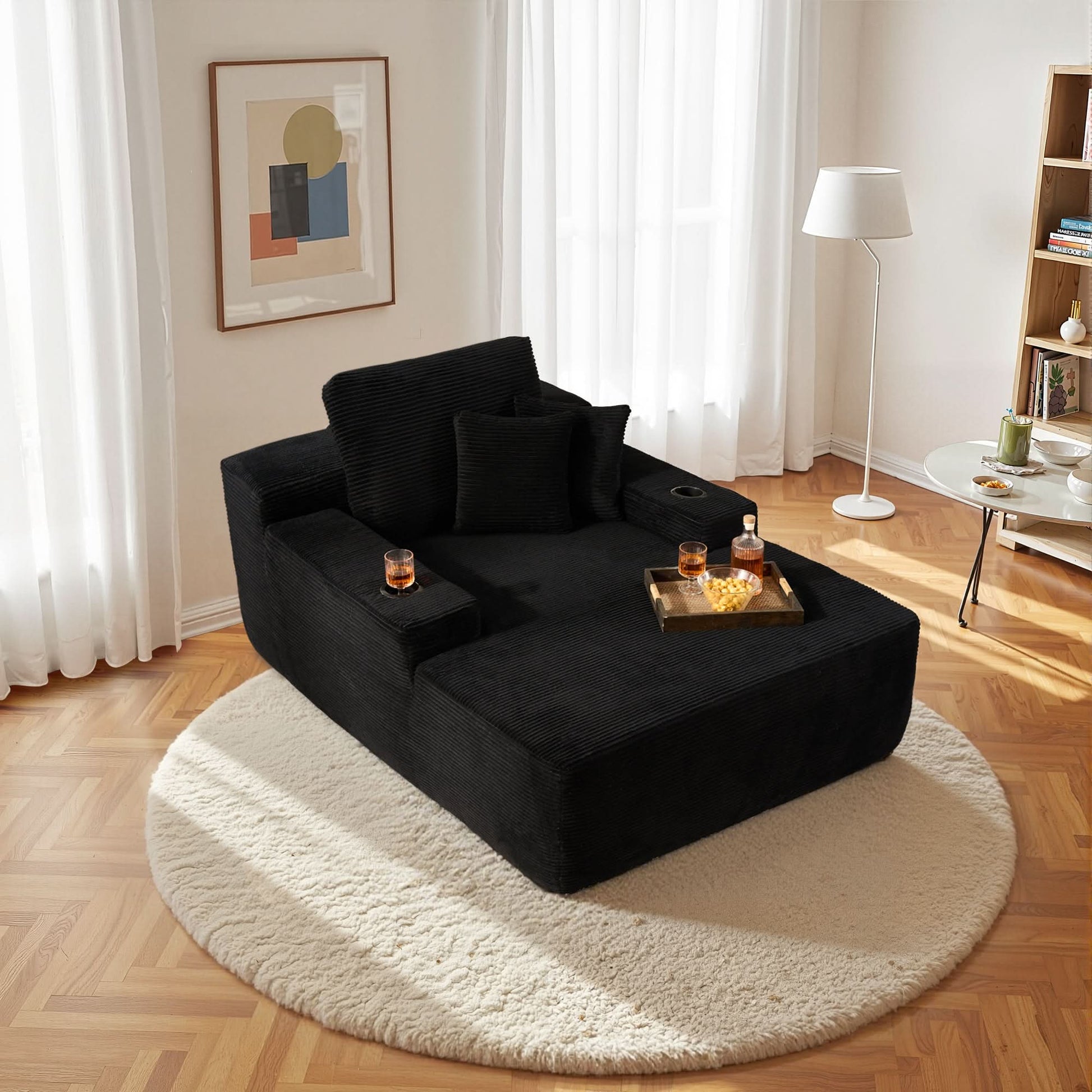 OVIOS 67'' Oversized Chaise Lounge ,Corduroy Sleeper Sofa with Cup Holders