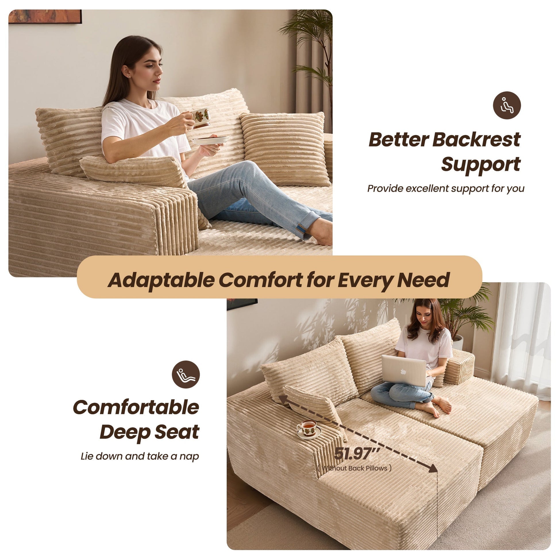 OVIOS 81" Boneless Sofa, Sleeper Couch, No Assembly Required