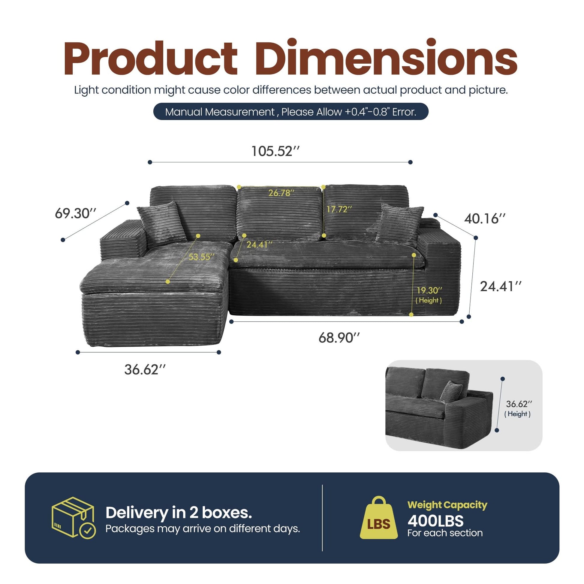 OVIOS 105" Modular L-Shape Sectional Sofa with Chaise, Deep Seat Cloud Couch