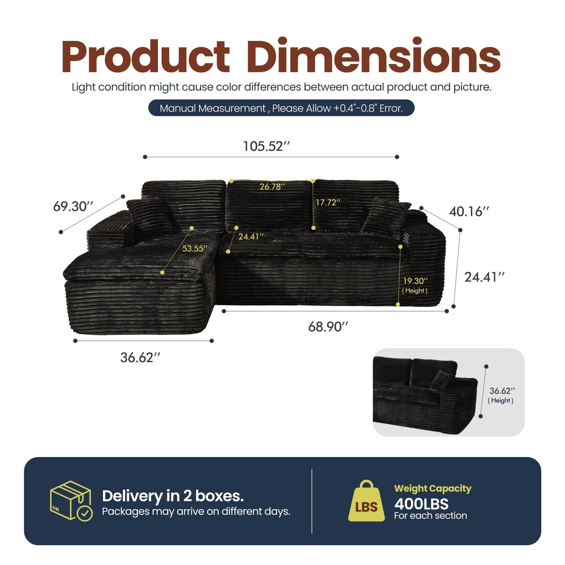 OVIOS 105" Modular Sectional Sofa with Chaise,Deep Seat Cloud Couch, Modern L-Shape