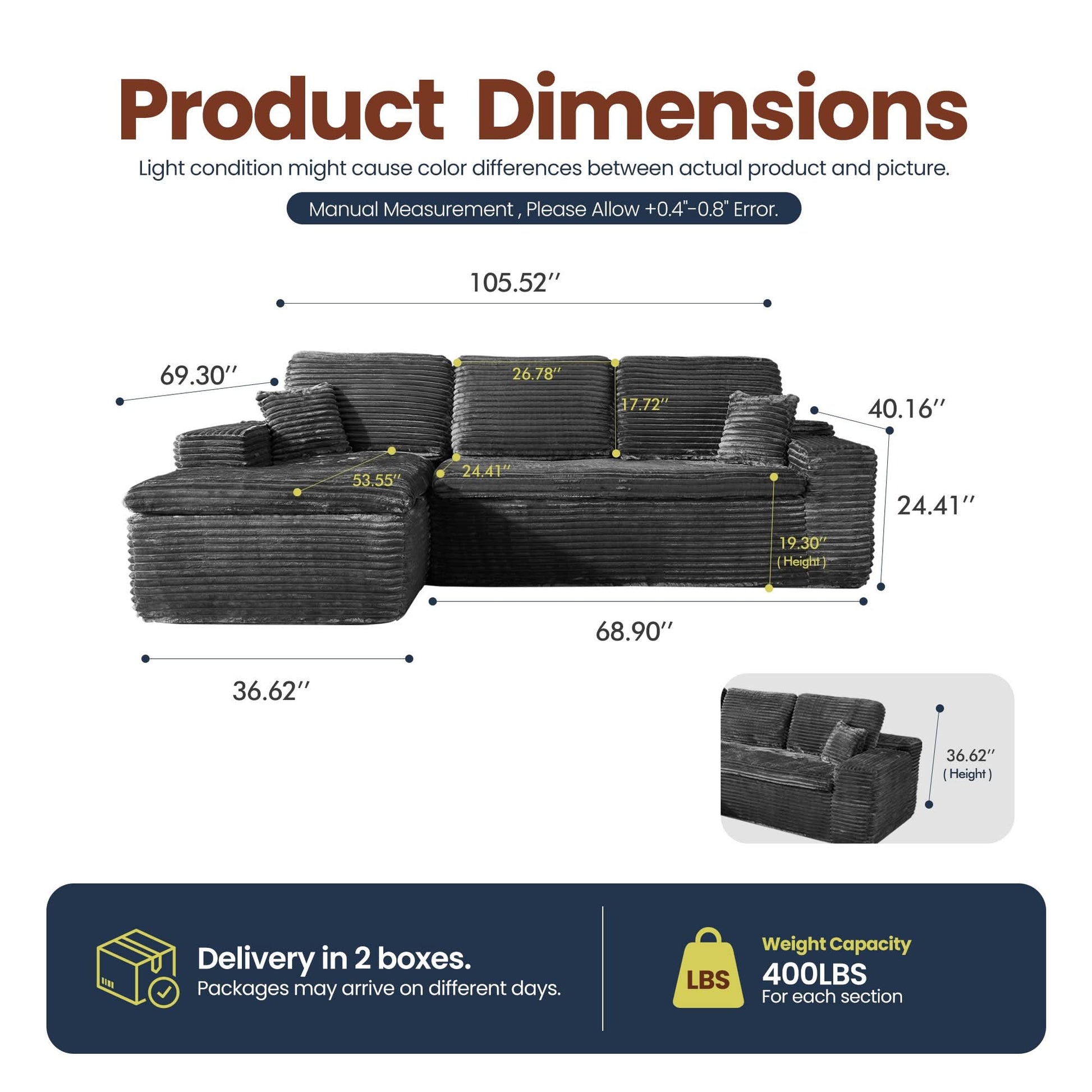 OVIOS 105" Modular Sectional Sofa with Chaise,Deep Seat Cloud Couch, Modern L-Shape