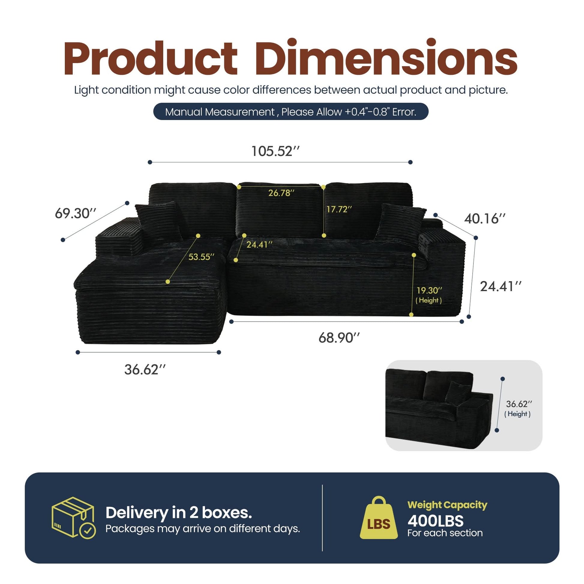 OVIOS 105" Modular L-Shape Sectional Sofa with Chaise, Deep Seat Cloud Couch