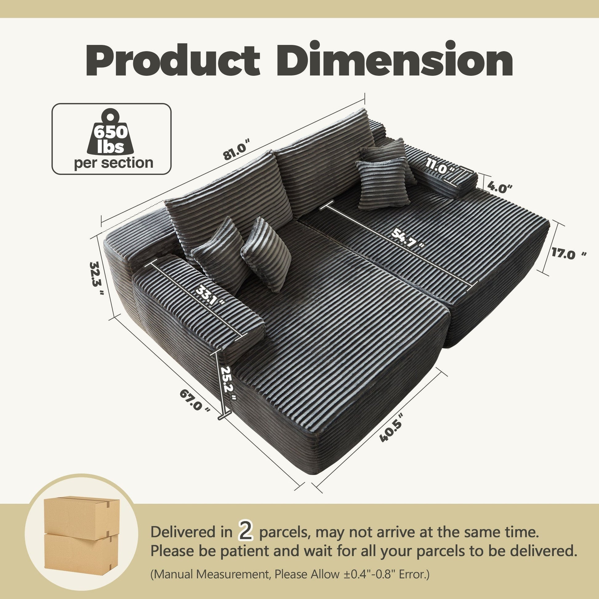 OVIOS 81" Boneless Sofa, Sleeper Couch, No Assembly Required