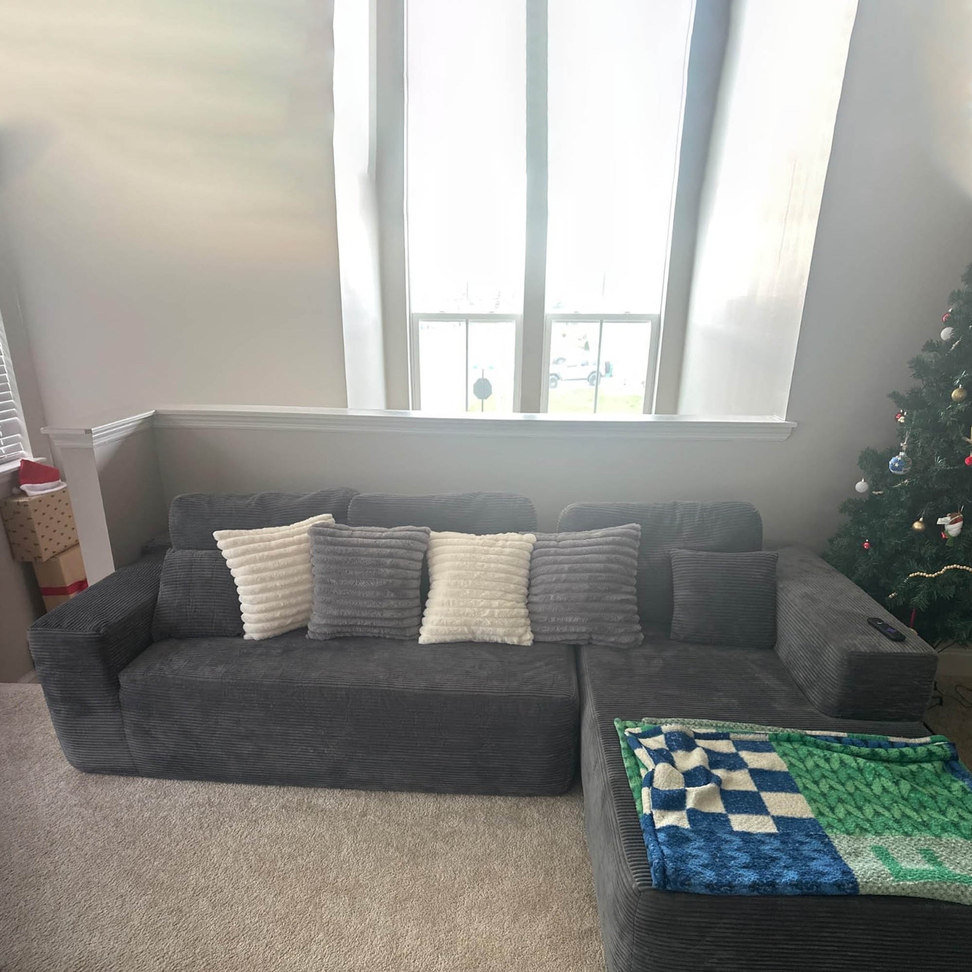 OVIOS 104" L-Shape Modular Couch with Chaise,Corduroy Fabric,No Assembly Required