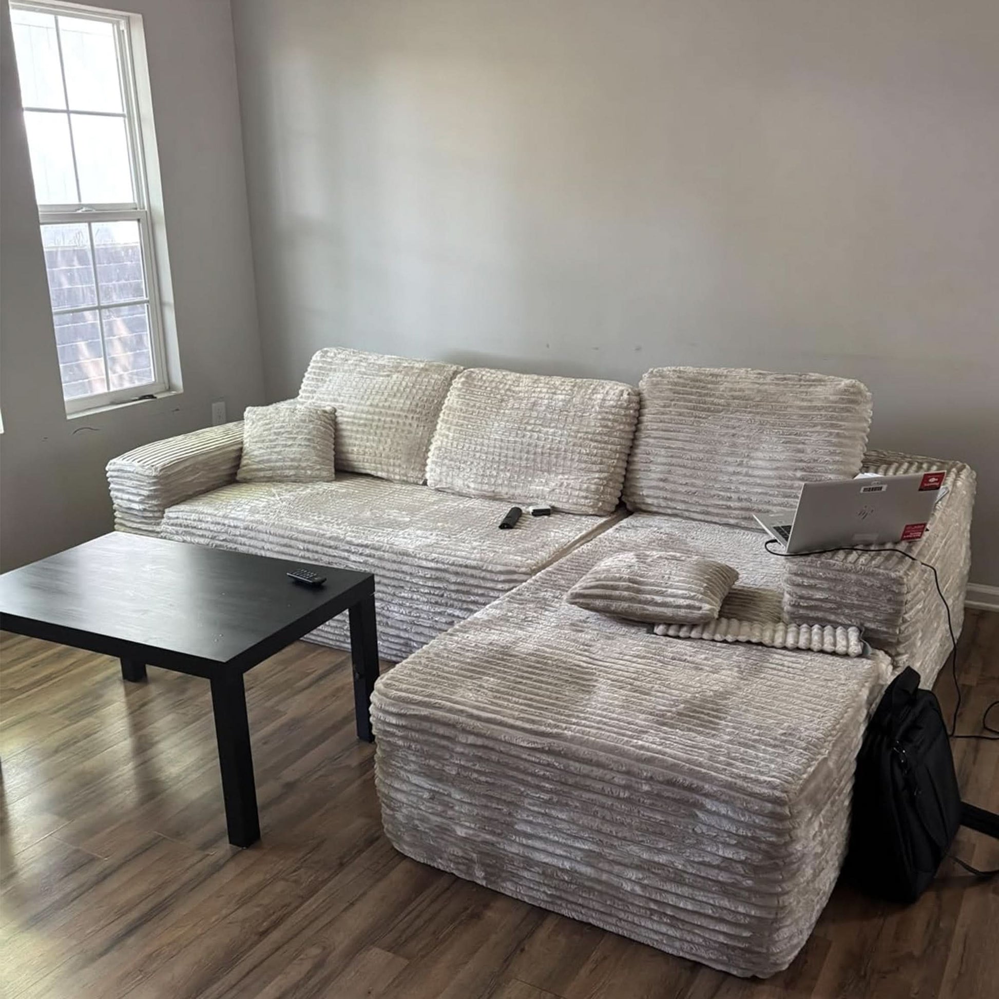 OVIOS 104" L-Shape Modular Couch with Chaise, Plush Corduroy Fabric, No Assembly Required