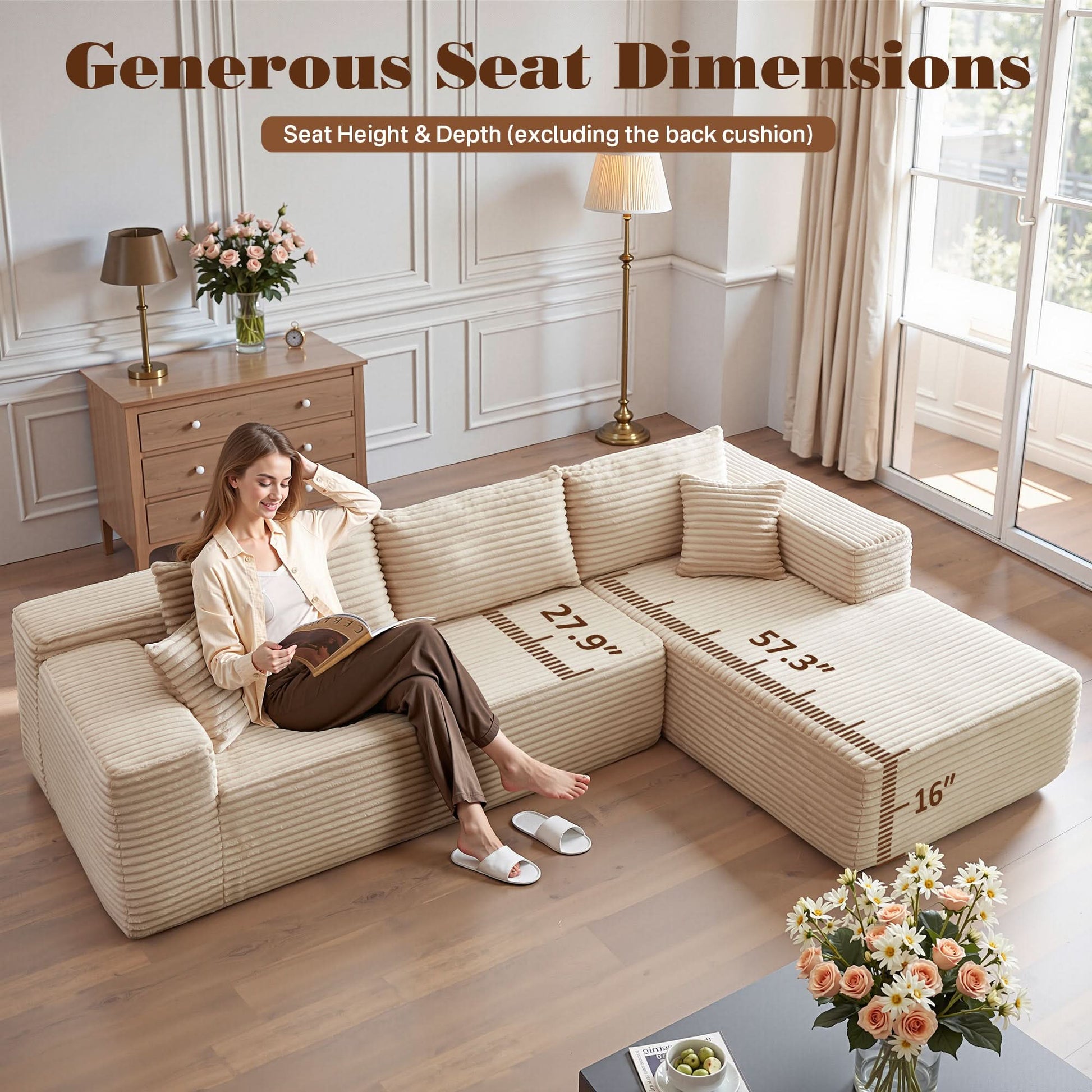 OVIOS 104" L-Shape Modular Couch with Chaise, Plush Corduroy Fabric, No Assembly Required