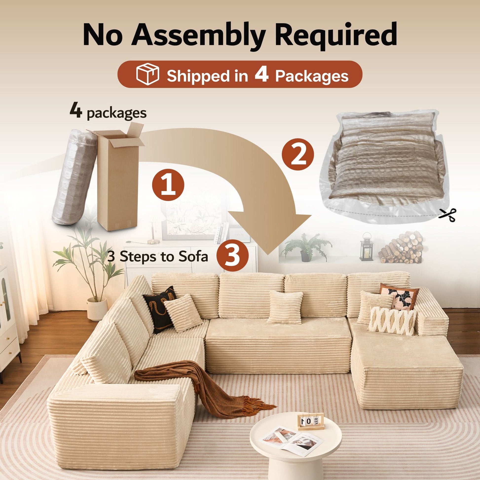 OVIOS Modular Cloud Sofa with Memory Foam & L-Shaped Chaise,Corduroy Fabric Sofa, No Assembly Required