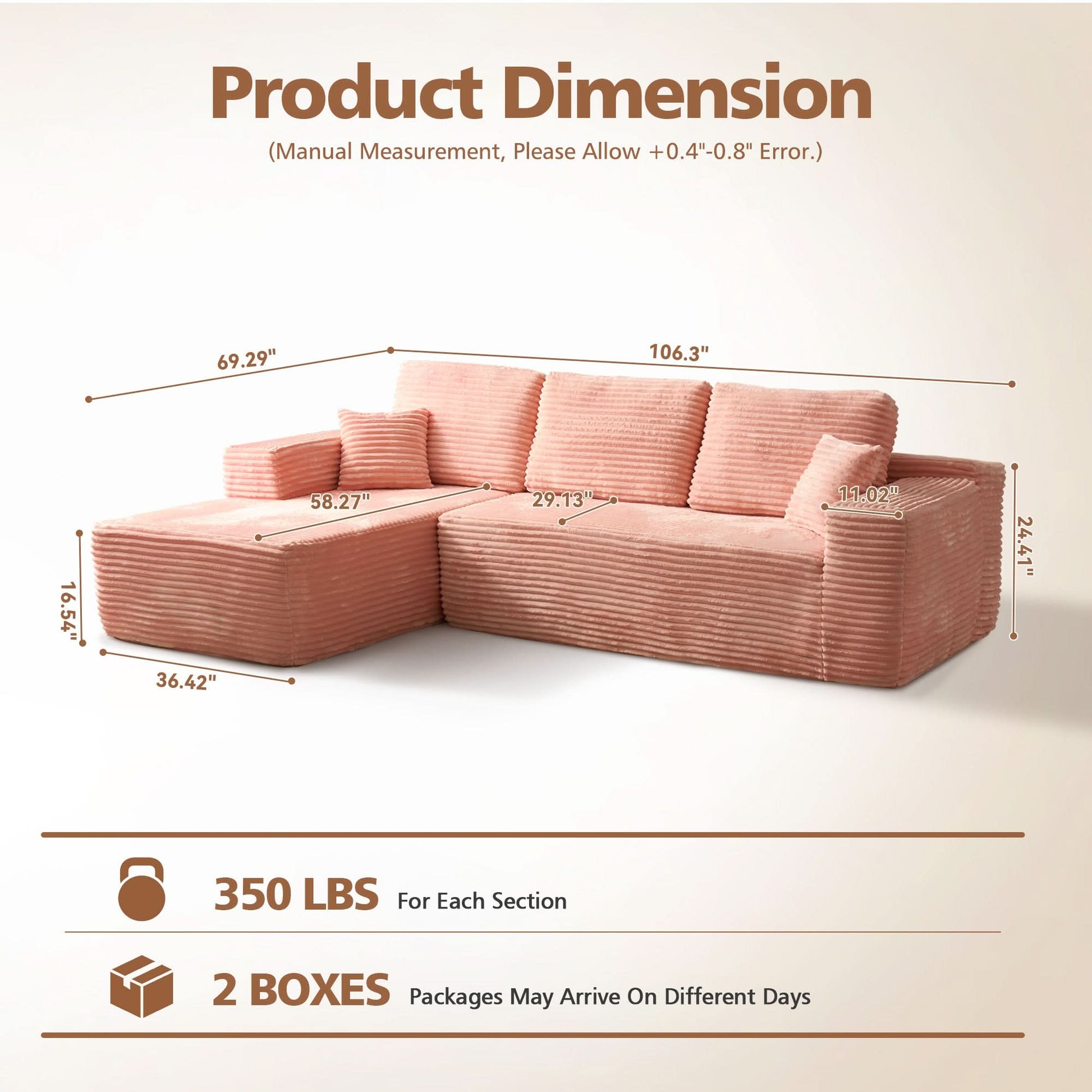OVIOS 104" L-Shape Modular Couch with Chaise, Plush Corduroy Fabric, No Assembly Required