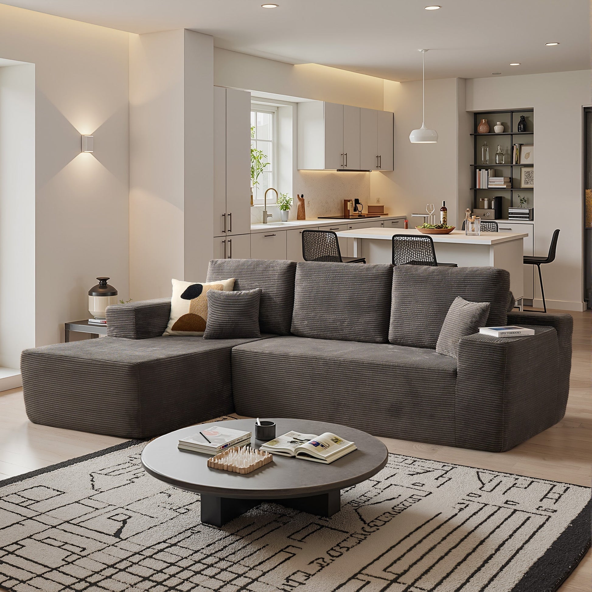 OVIOS 104" L-Shape Modular Couch with Chaise,Corduroy Fabric,No Assembly Required