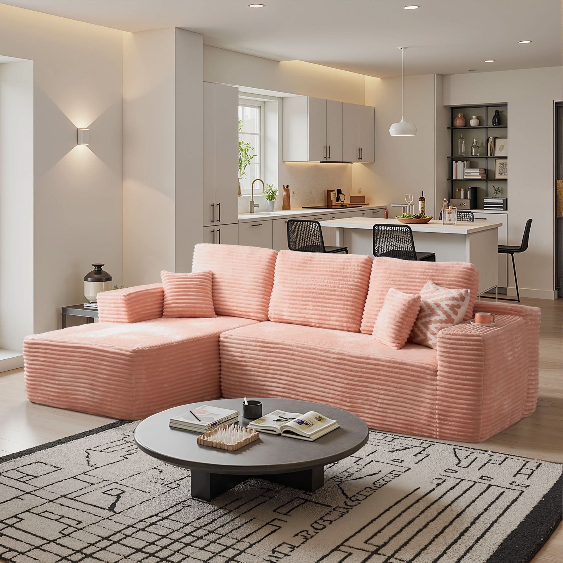 OVIOS 104" L-Shape Modular Couch with Chaise, Plush Corduroy Fabric, No Assembly Required