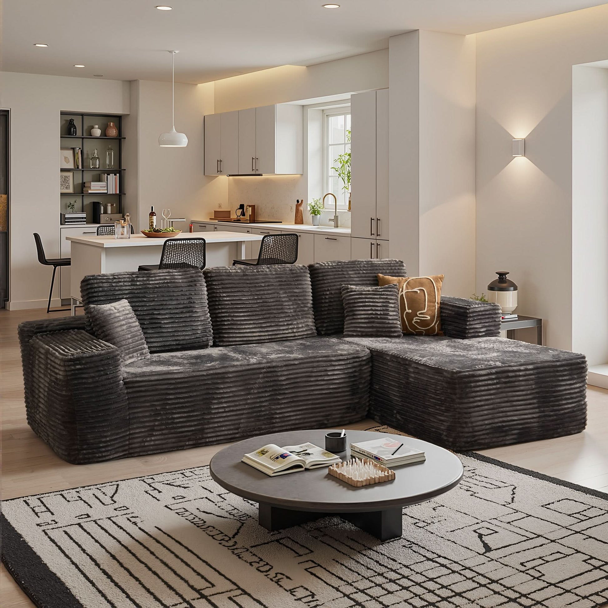 OVIOS 104" L-Shape Modular Couch with Chaise, Plush Corduroy Fabric, No Assembly Required