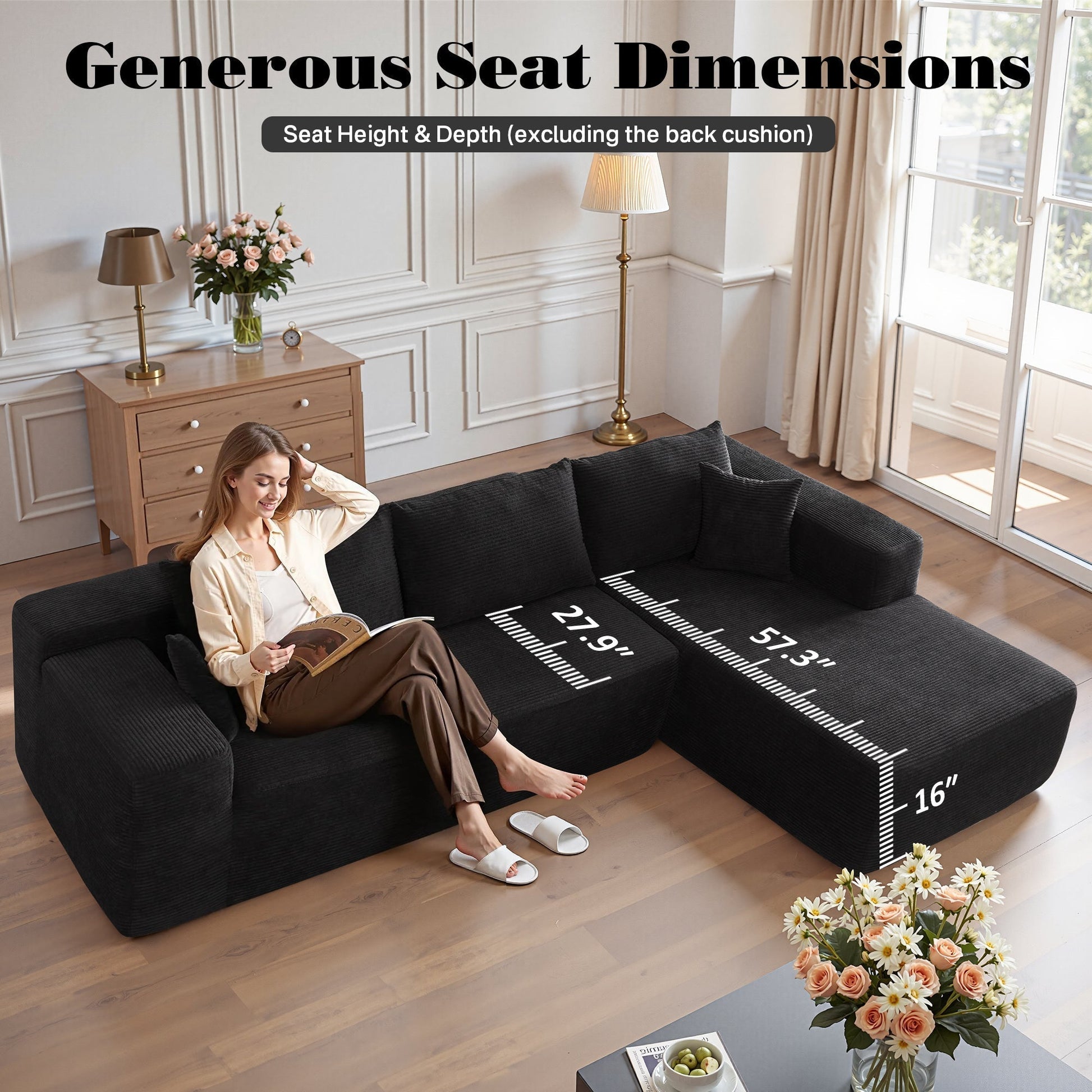 OVIOS 104" L-Shape Modular Couch with Chaise,Corduroy Fabric,No Assembly Required