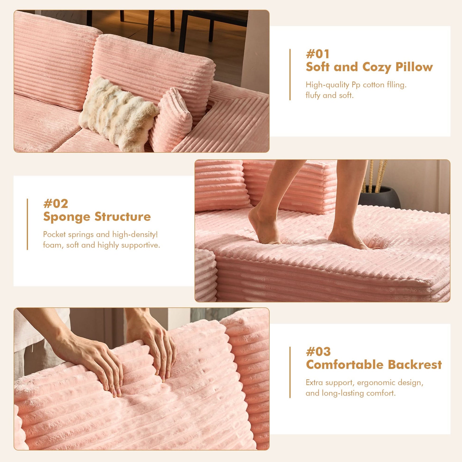 OVIOS 104" L-Shape Modular Couch with Chaise, Plush Corduroy Fabric, No Assembly Required