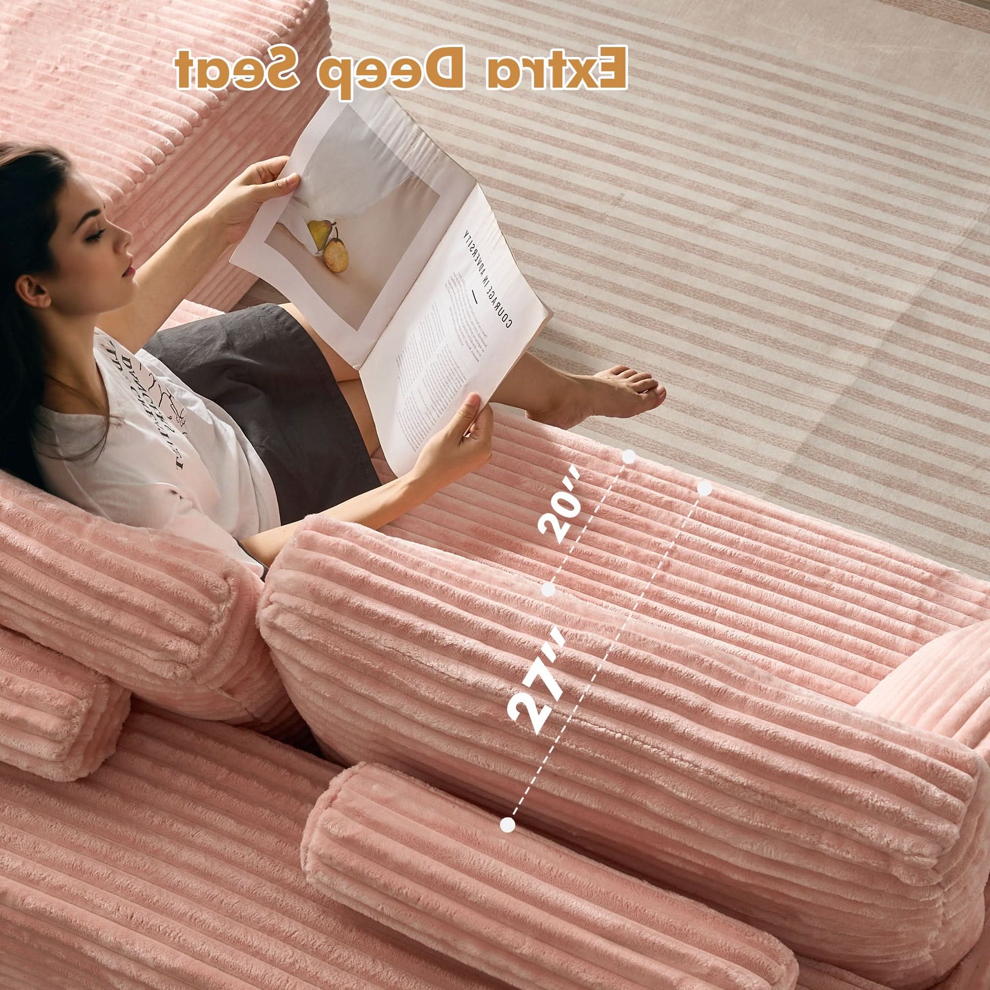 OVIOS 104" L-Shape Modular Couch with Chaise, Plush Corduroy Fabric, No Assembly Required