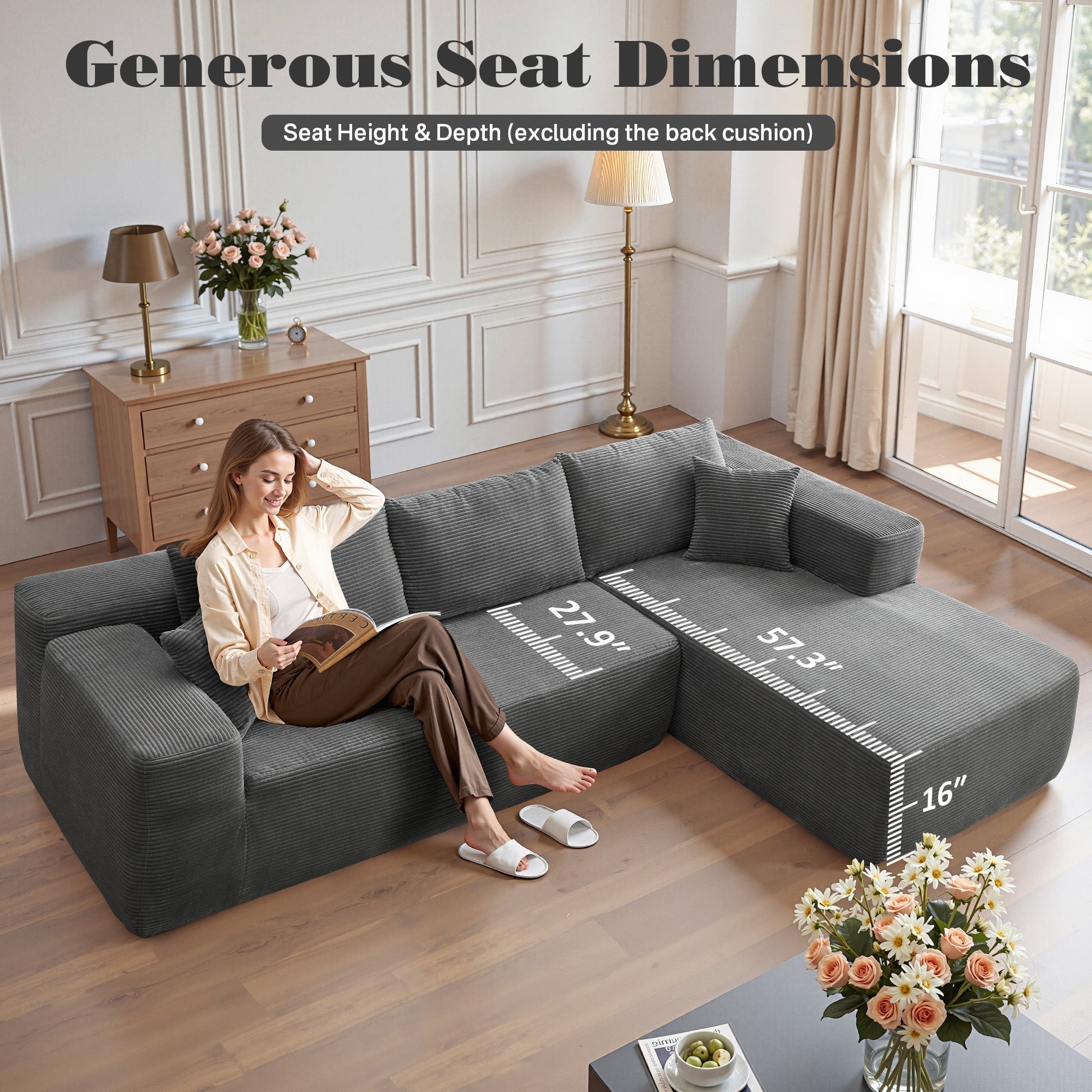 OVIOS 104" L-Shape Modular Couch with Chaise,Corduroy Fabric,No Assembly Required