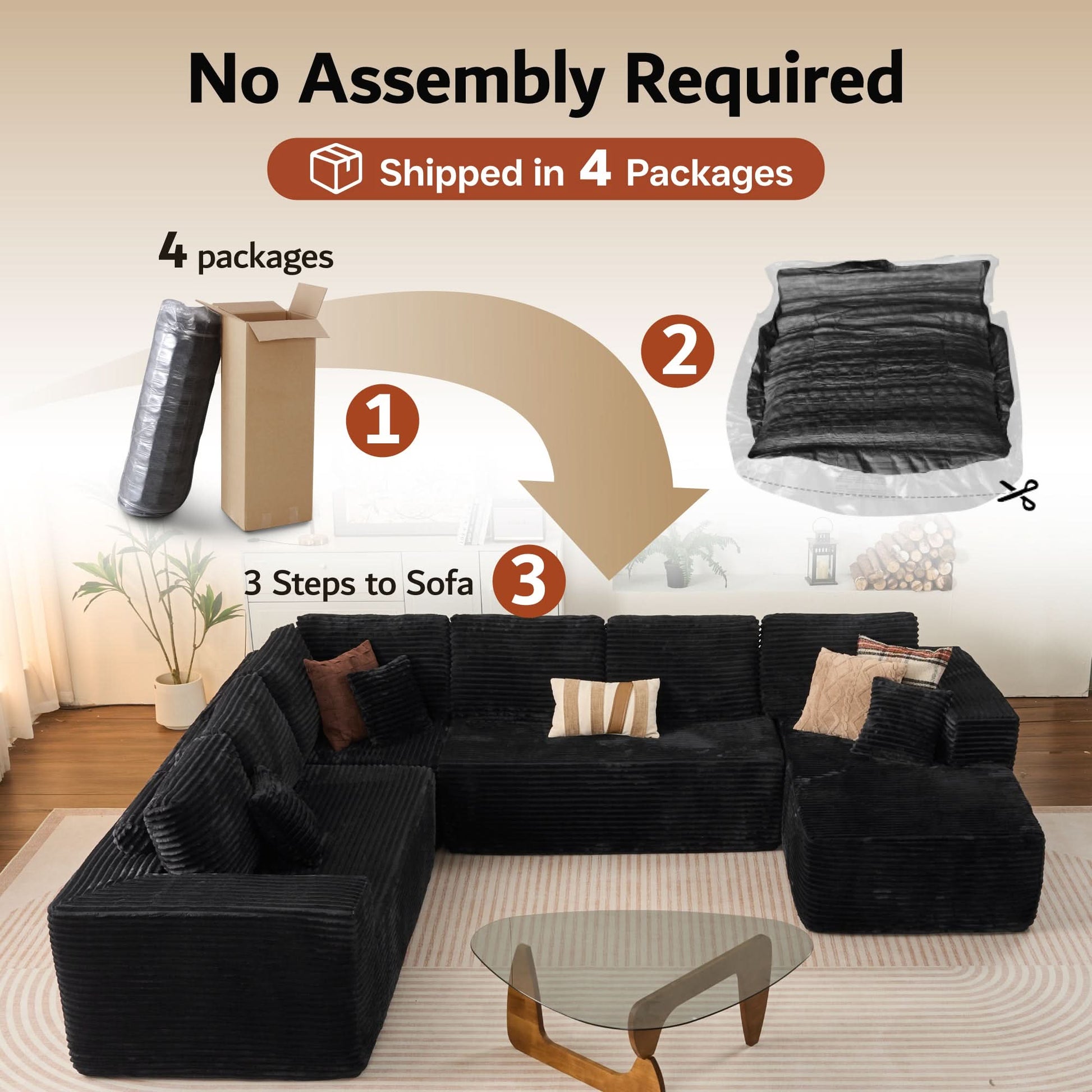 OVIOS Modular Cloud Sofa with Memory Foam & L-Shaped Chaise,Corduroy Fabric Sofa, No Assembly Required