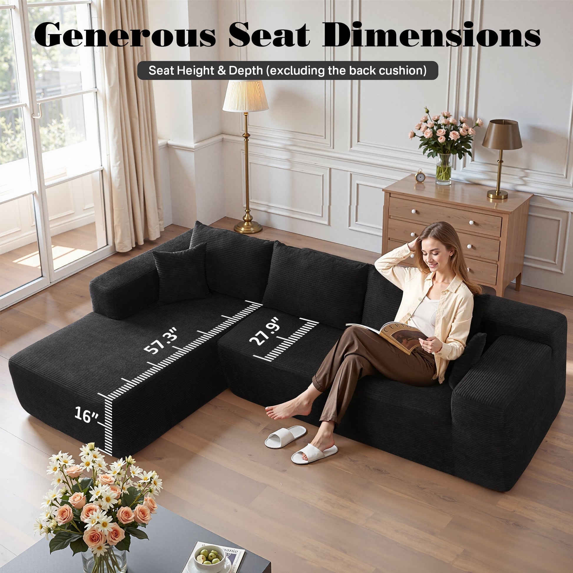 OVIOS 104" L-Shape Modular Couch with Chaise,Corduroy Fabric,No Assembly Required