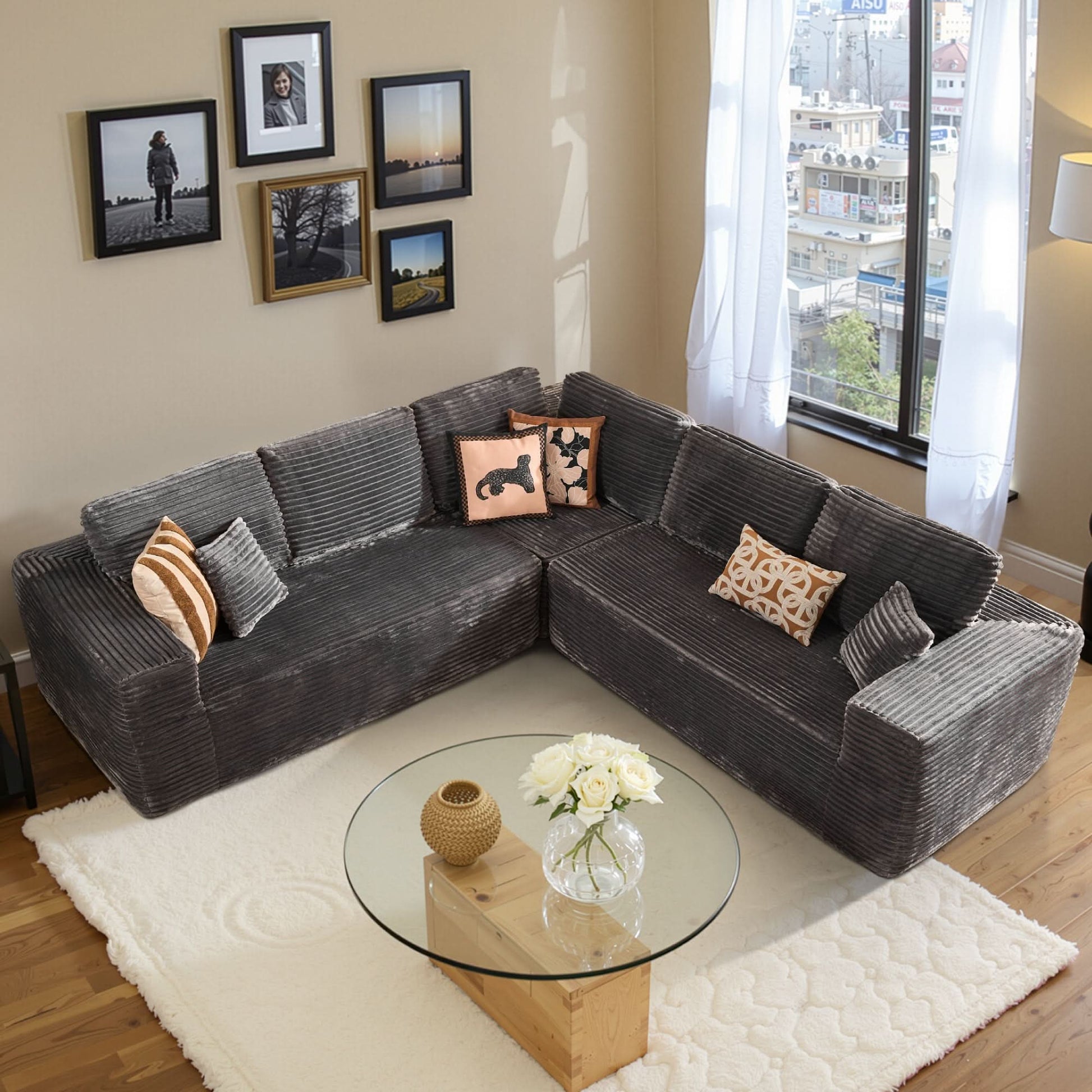 OVIOS Modular Cloud Sofa with Memory Foam, L-Shaped Chaise & Corduroy Upholstery - No Assembly Required