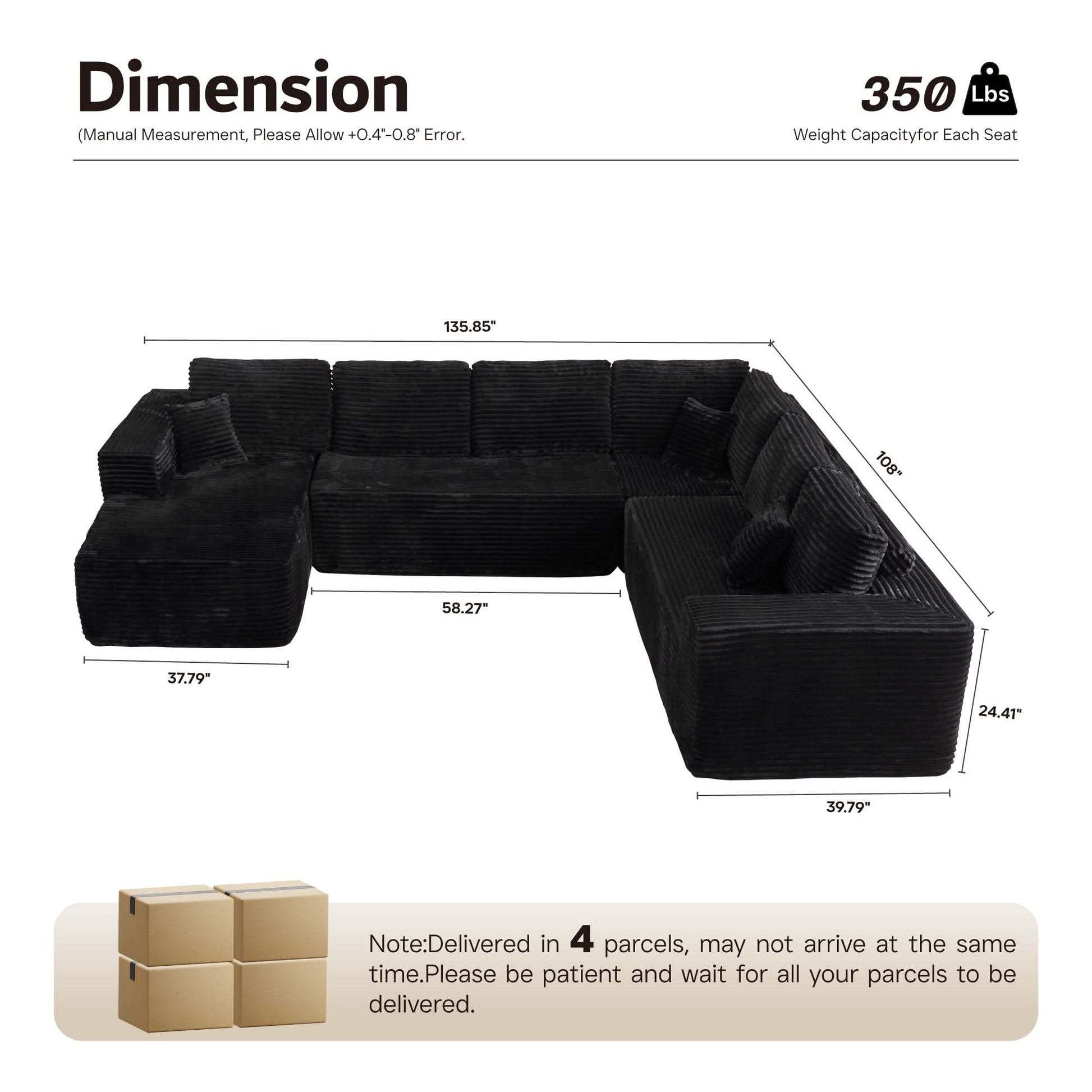 OVIOS Memory Foam Cloud Sofa: Modular L-Shape Chaise in Corduroy Fabric, No Assembly Required