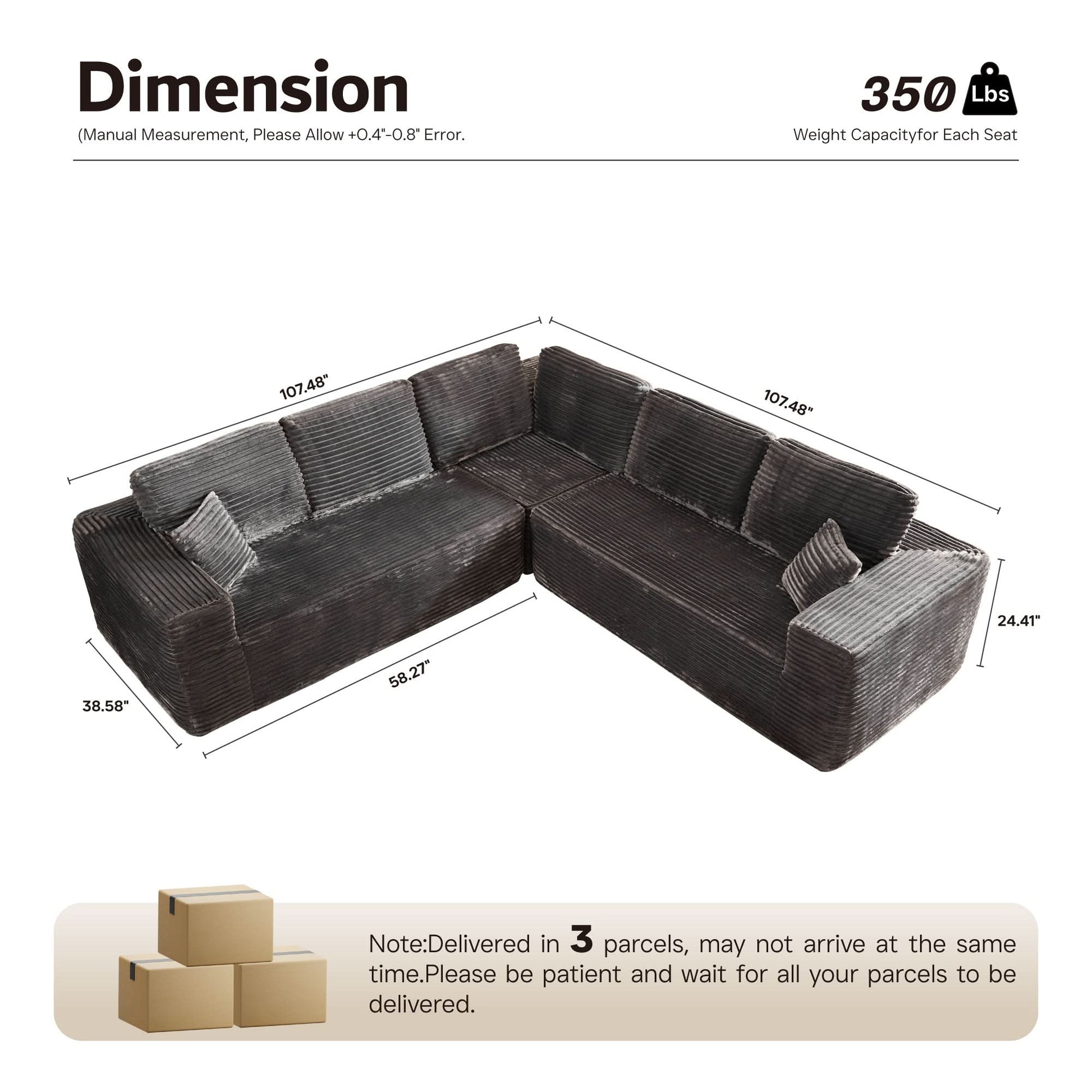 OVIOS Modular Cloud Sofa with Memory Foam, L-Shaped Chaise & Corduroy Upholstery - No Assembly Required