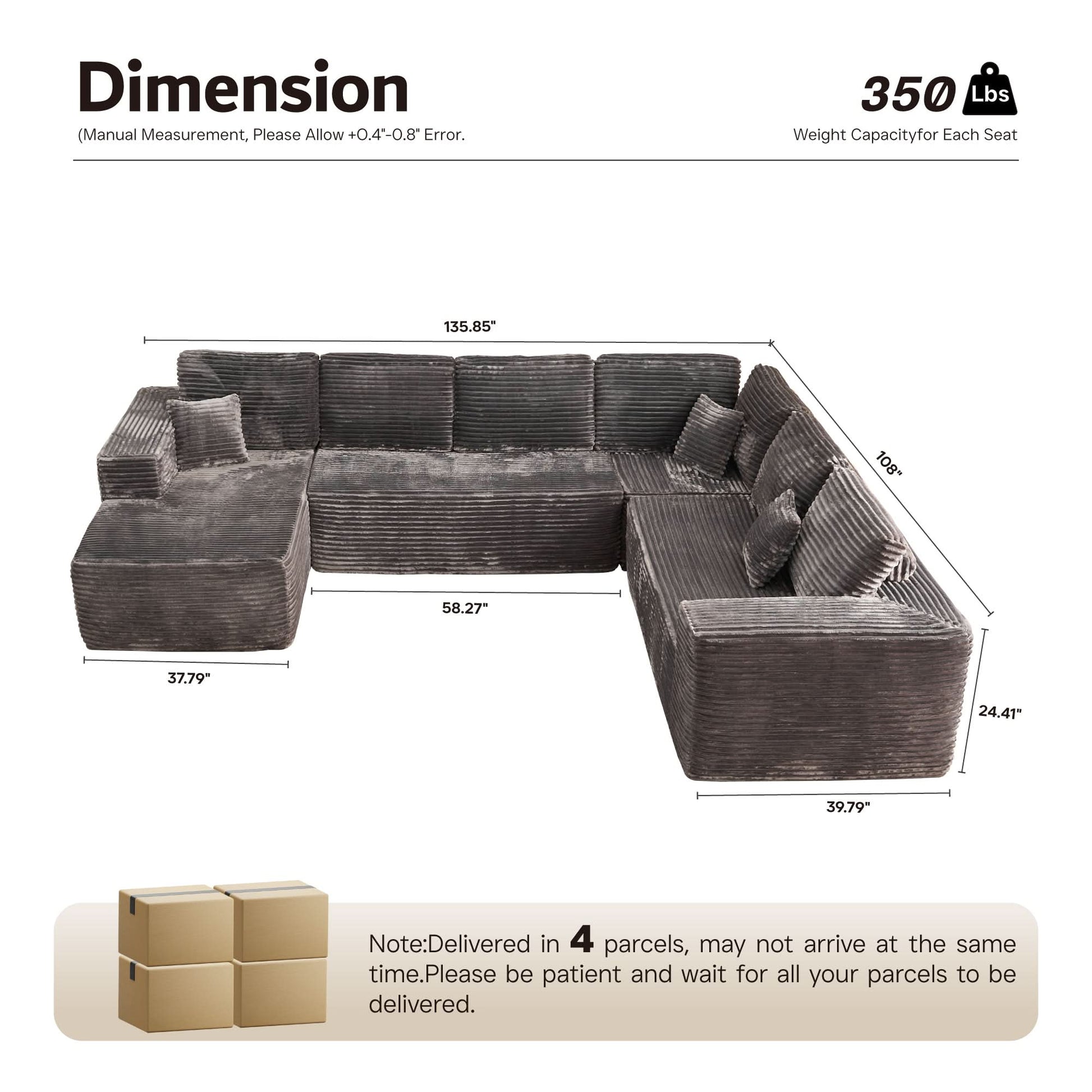 OVIOS Memory Foam Cloud Sofa: Modular L-Shape Chaise in Corduroy Fabric, No Assembly Required