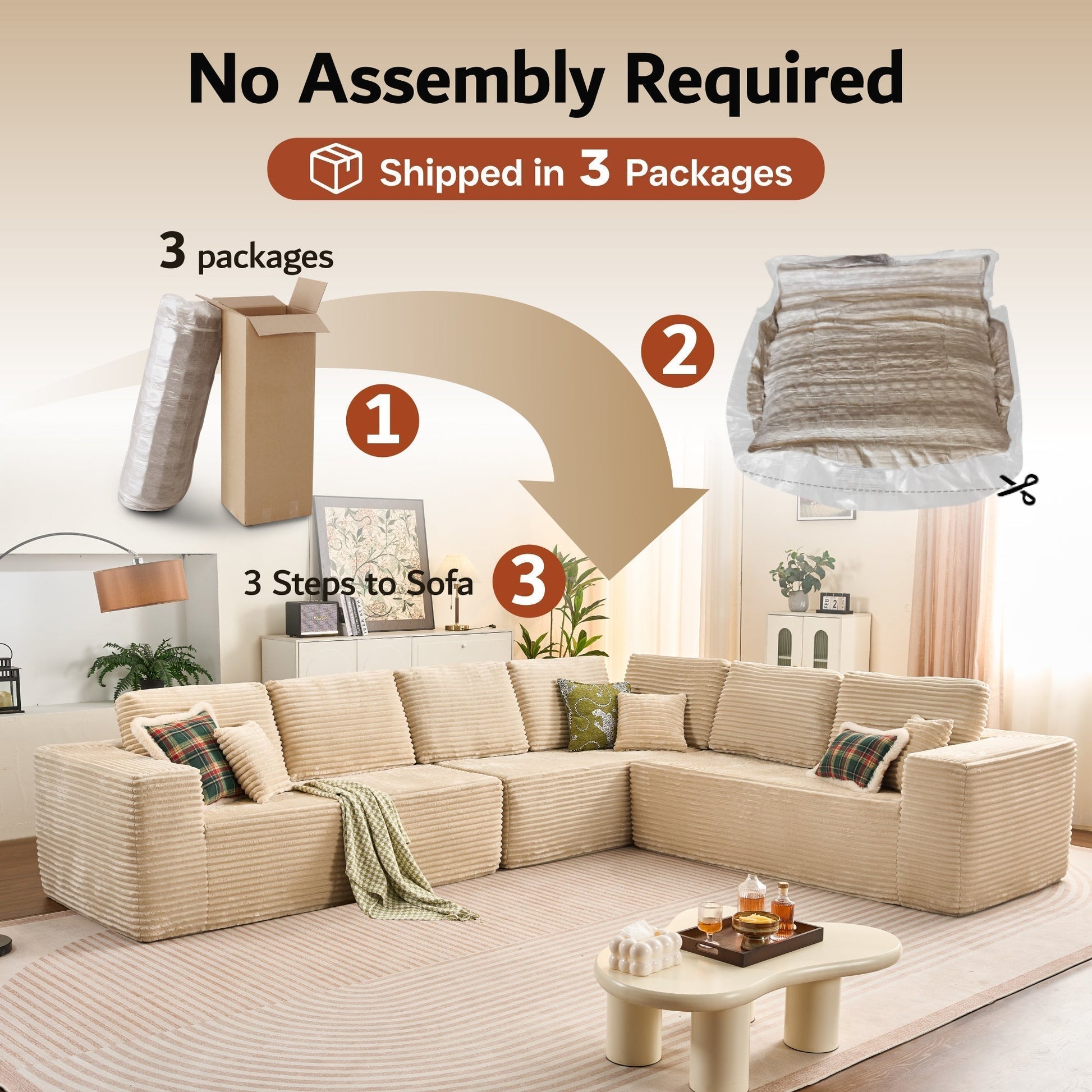 OVIOS L-Shaped Cloud Sectional Sofa with Chaise - Plush Corduroy, Memory Foam & No Assembly