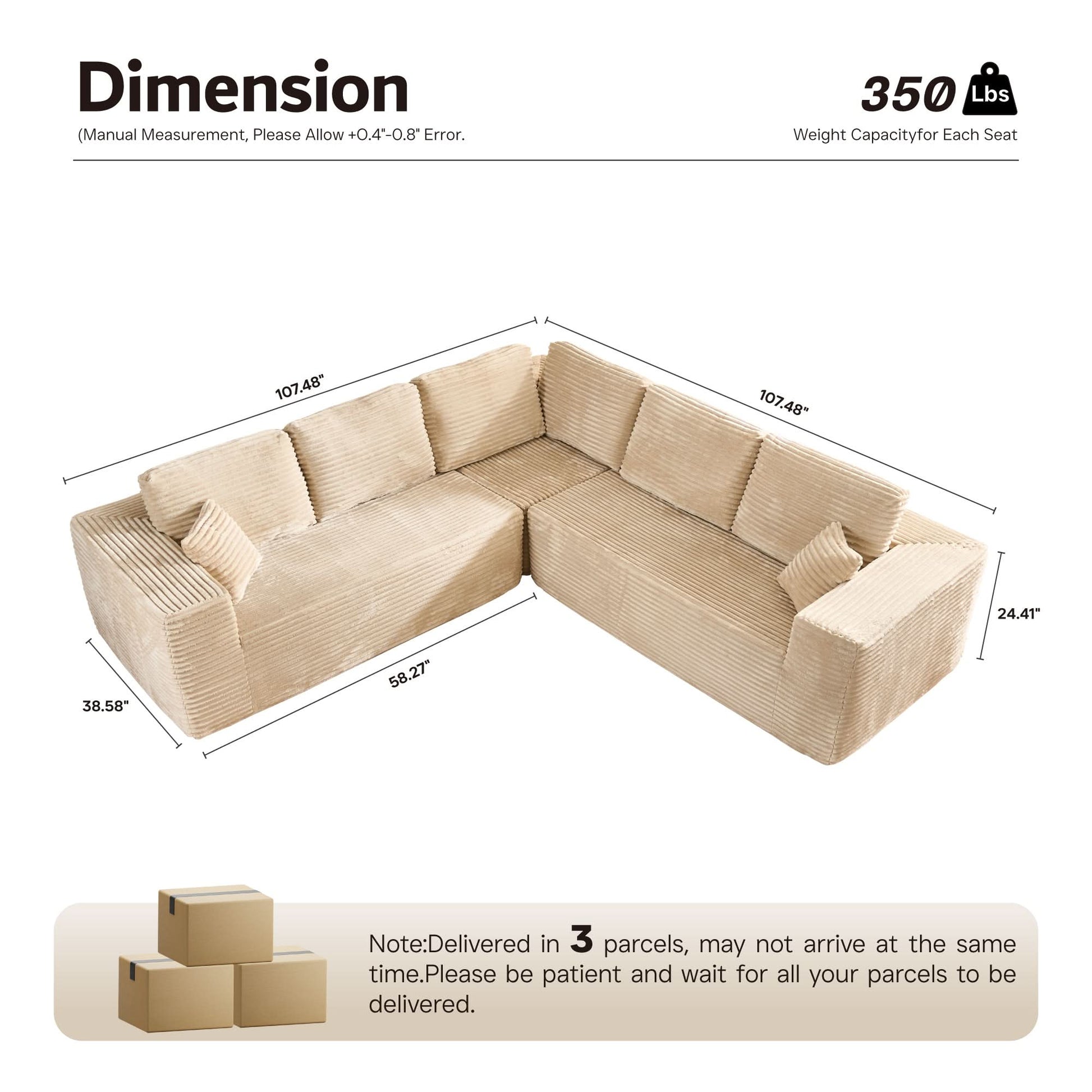 OVIOS Modular Cloud Sofa with Memory Foam, L-Shaped Chaise & Corduroy Upholstery - No Assembly Required