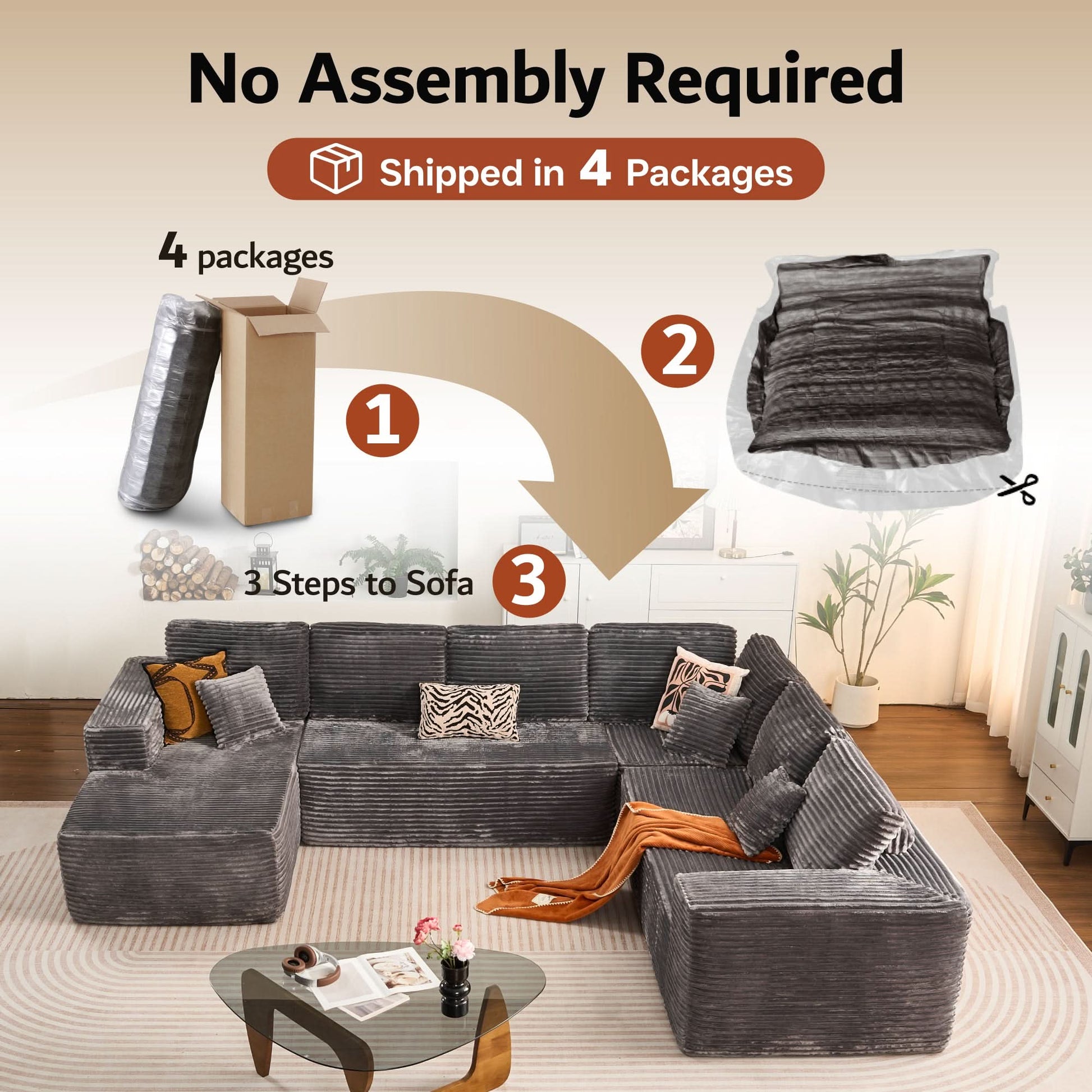 OVIOS Memory Foam Cloud Sofa: Modular L-Shape Chaise in Corduroy Fabric, No Assembly Required