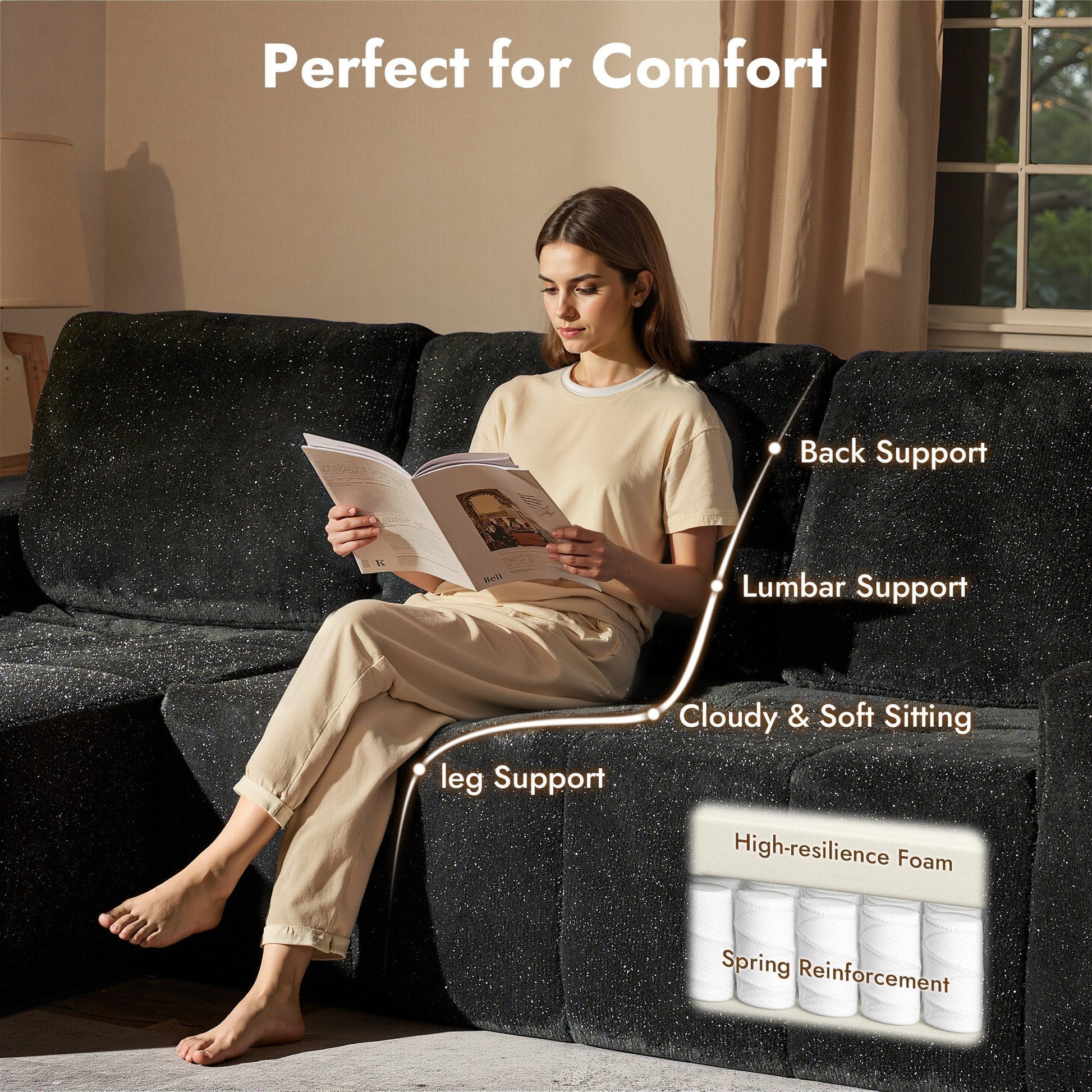 OVIOS 114" Cloud Sectional Sofa - L-Shaped Faux Leather Modular Couch with Deep Seat Chaise