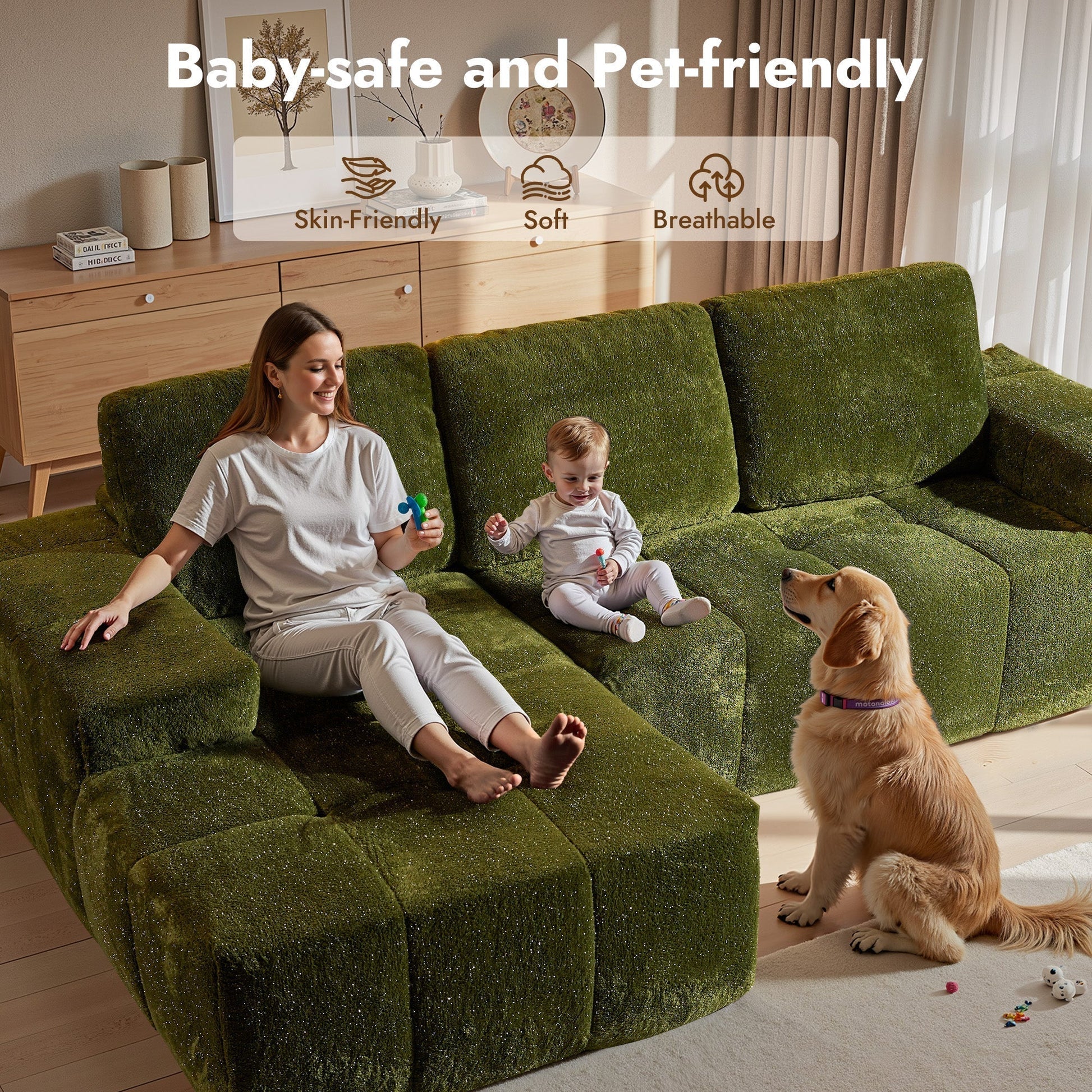 OVIOS 114" Cloud Sectional Sofa - L-Shaped Faux Leather Modular Couch with Deep Seat Chaise