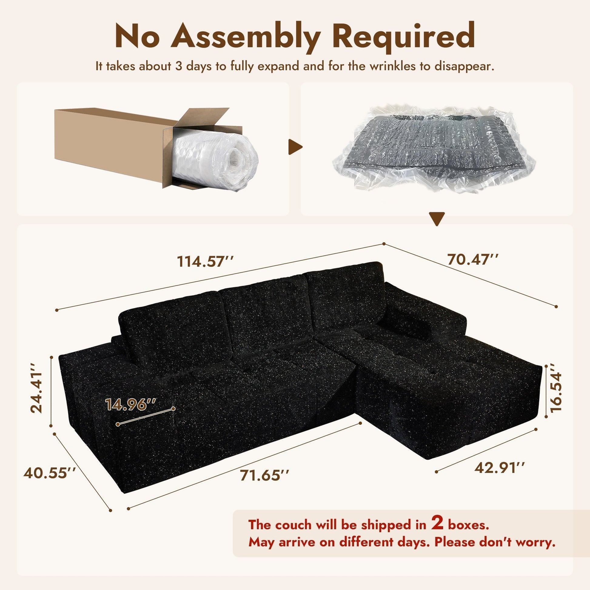 OVIOS 114" Cloud Sectional Sofa - L-Shaped Faux Leather Modular Couch with Deep Seat Chaise