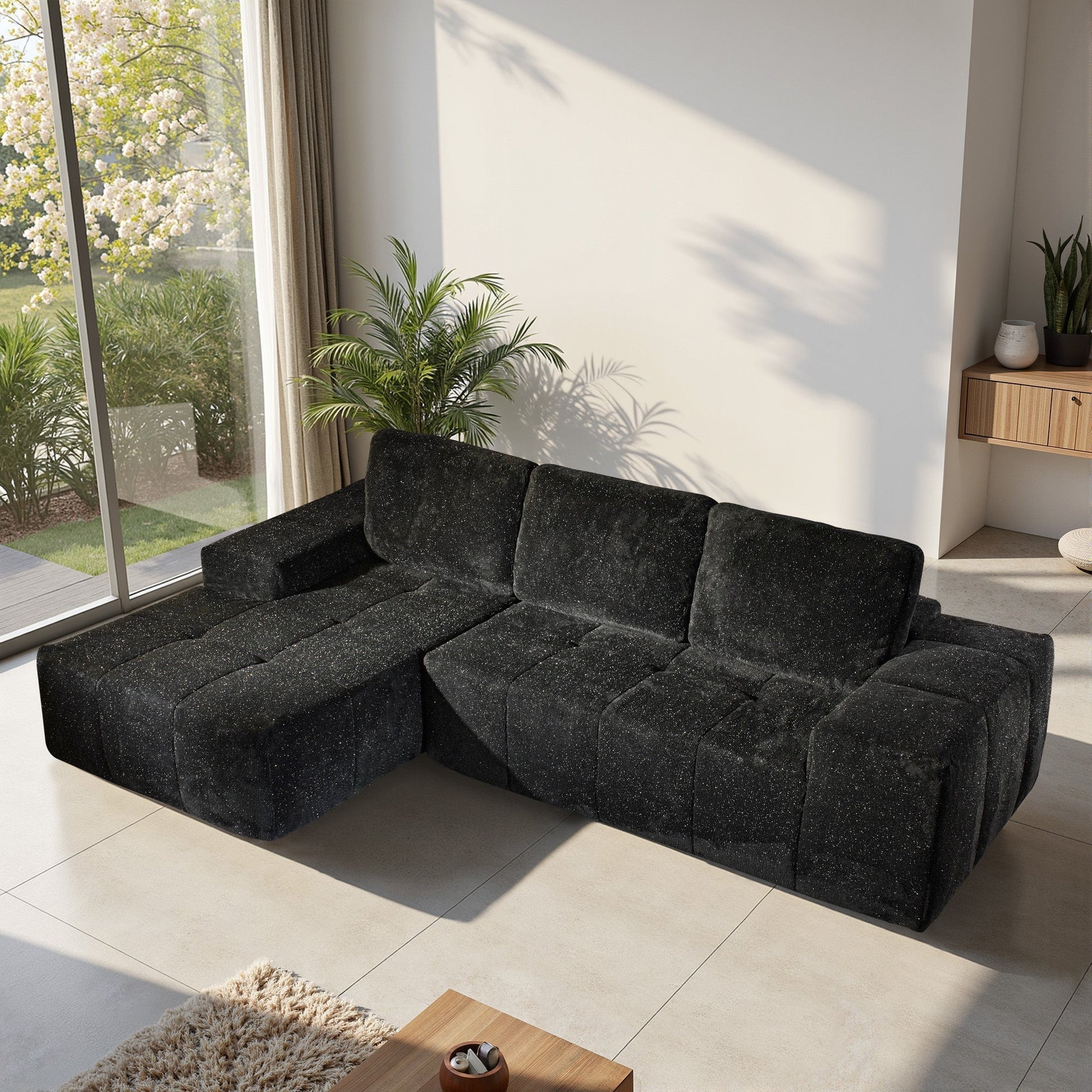 OVIOS 114" Cloud Sectional Sofa - L-Shaped Faux Leather Modular Couch with Deep Seat Chaise