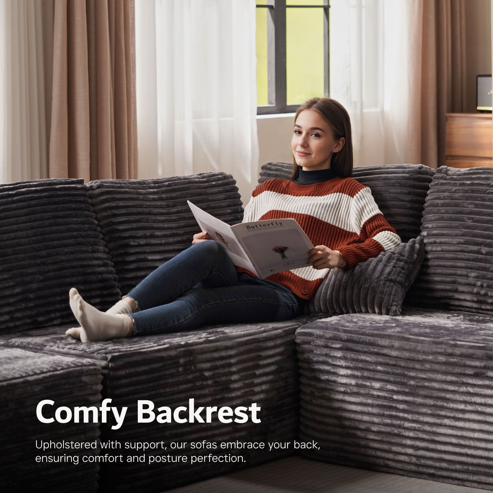 OVIOS L-Shaped Cloud Sectional Sofa with Chaise - Plush Corduroy, Memory Foam & No Assembly