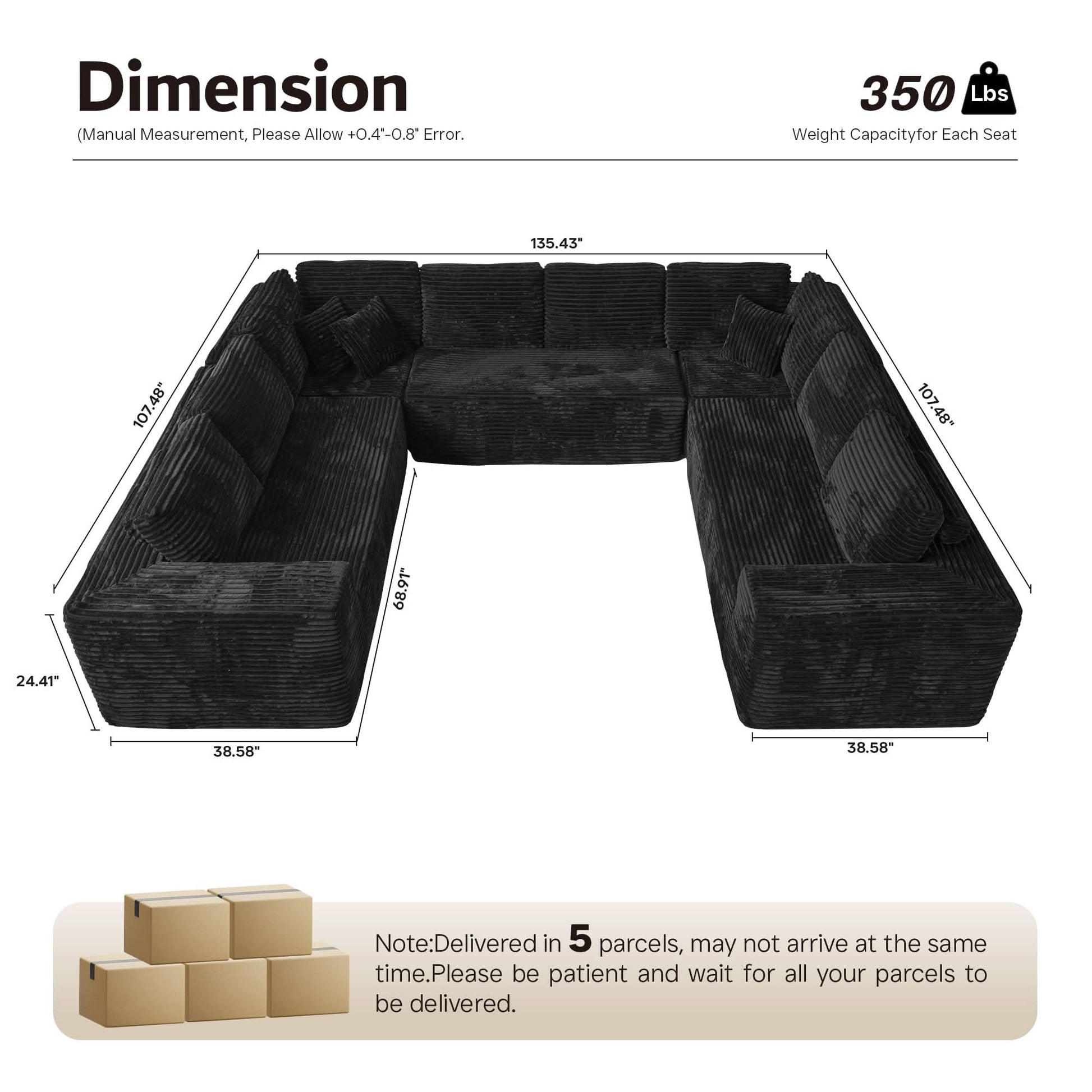 OVIOS Modular Cloud Sofa Corduroy with Memory Foam, U-Shaped Chaise, No Assembly Required