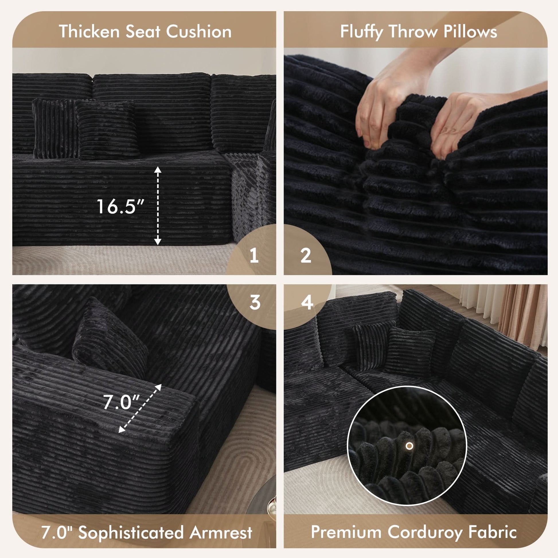 OVIOS Memory Foam Cloud Sofa: Modular L-Shape Chaise in Corduroy Fabric, No Assembly Required