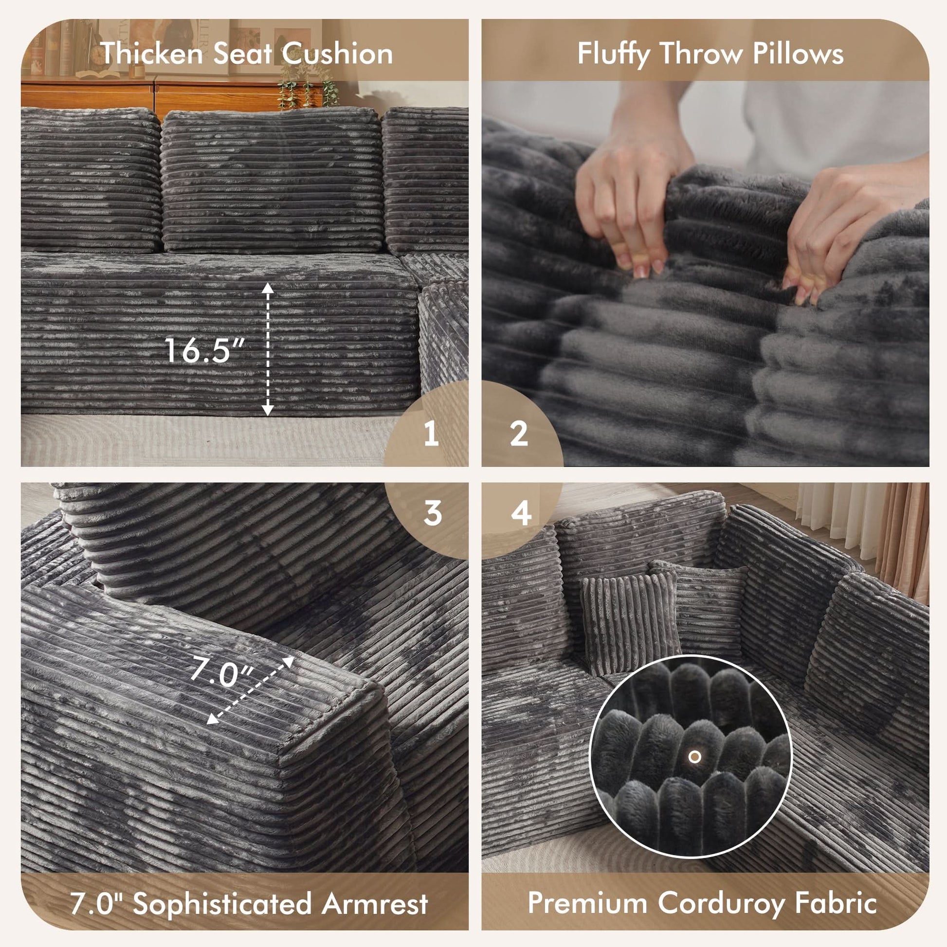 OVIOS Modular Cloud Sofa with Memory Foam & L-Shaped Chaise,Corduroy Fabric Sofa, No Assembly Required