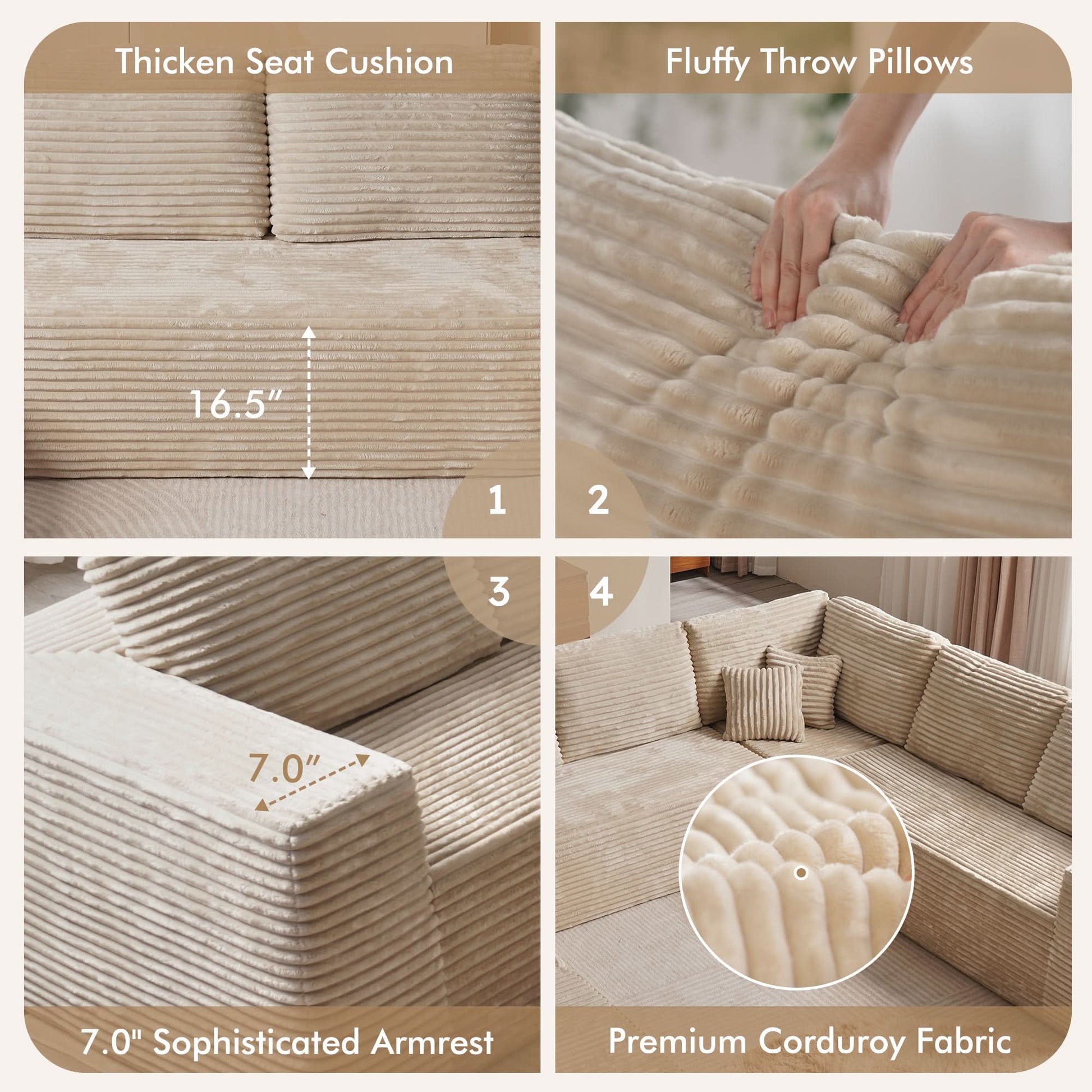 OVIOS Memory Foam Cloud Sofa: Modular L-Shape Chaise in Corduroy Fabric, No Assembly Required