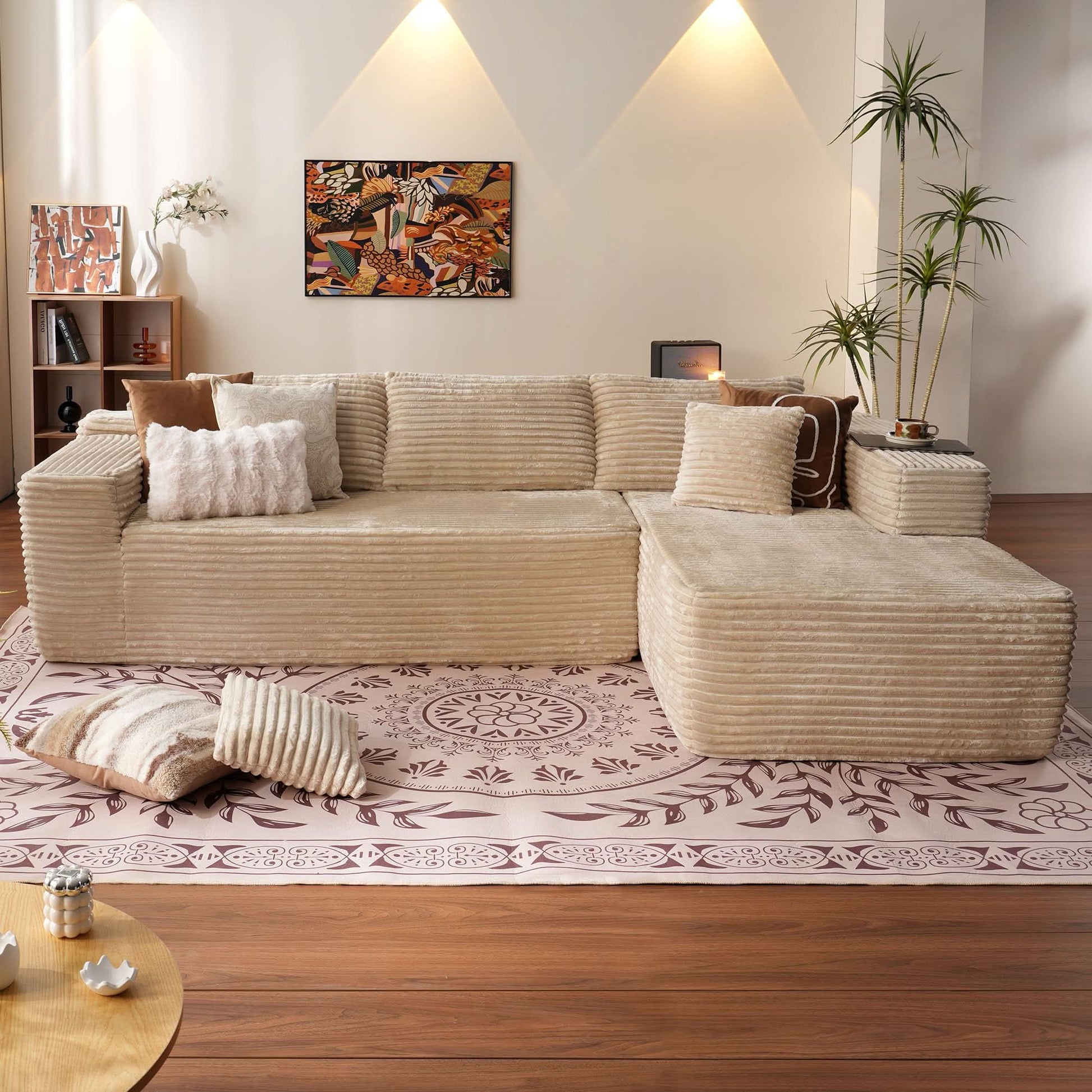 OVIOS 104" L-Shape Modular Couch with Chaise, Plush Corduroy Fabric, No Assembly Required