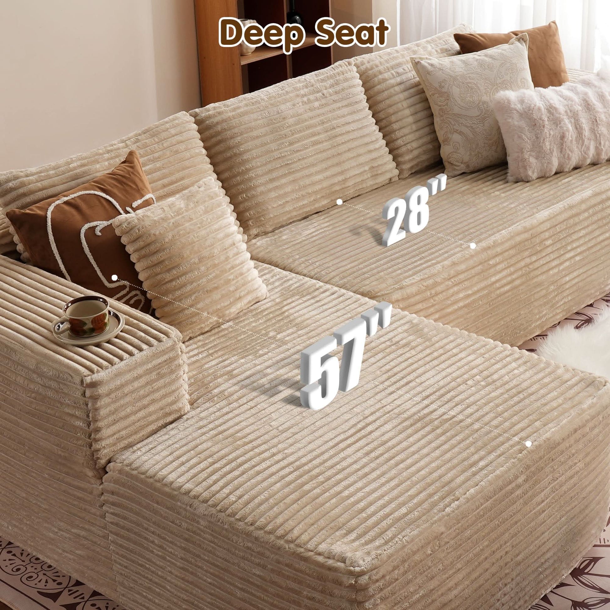 OVIOS 104" L-Shape Modular Couch with Chaise, Plush Corduroy Fabric, No Assembly Required