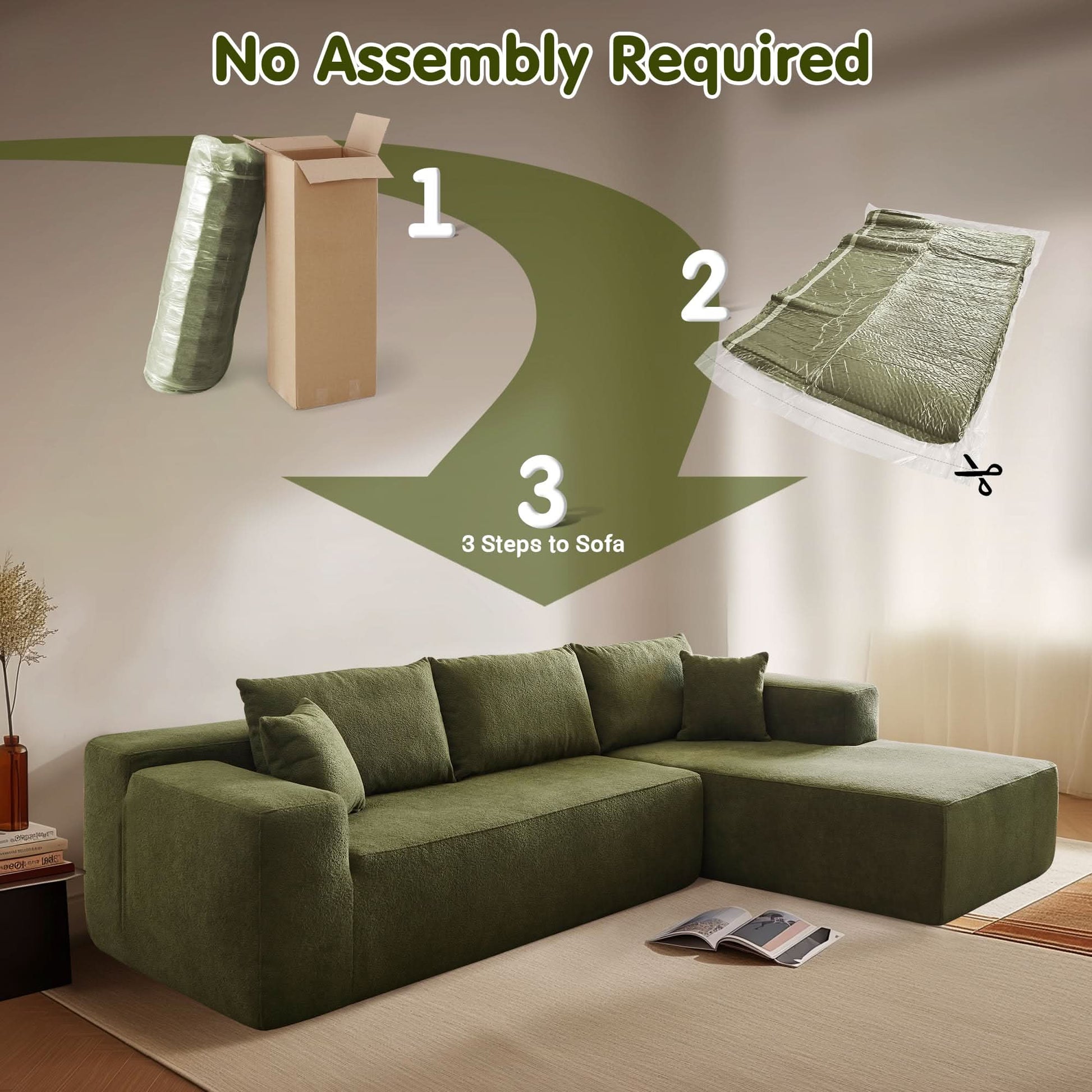 OVIOS 104" L-Shape Modular Couch with Chaise,Cloud Velvet Fabric,No Assembly Required