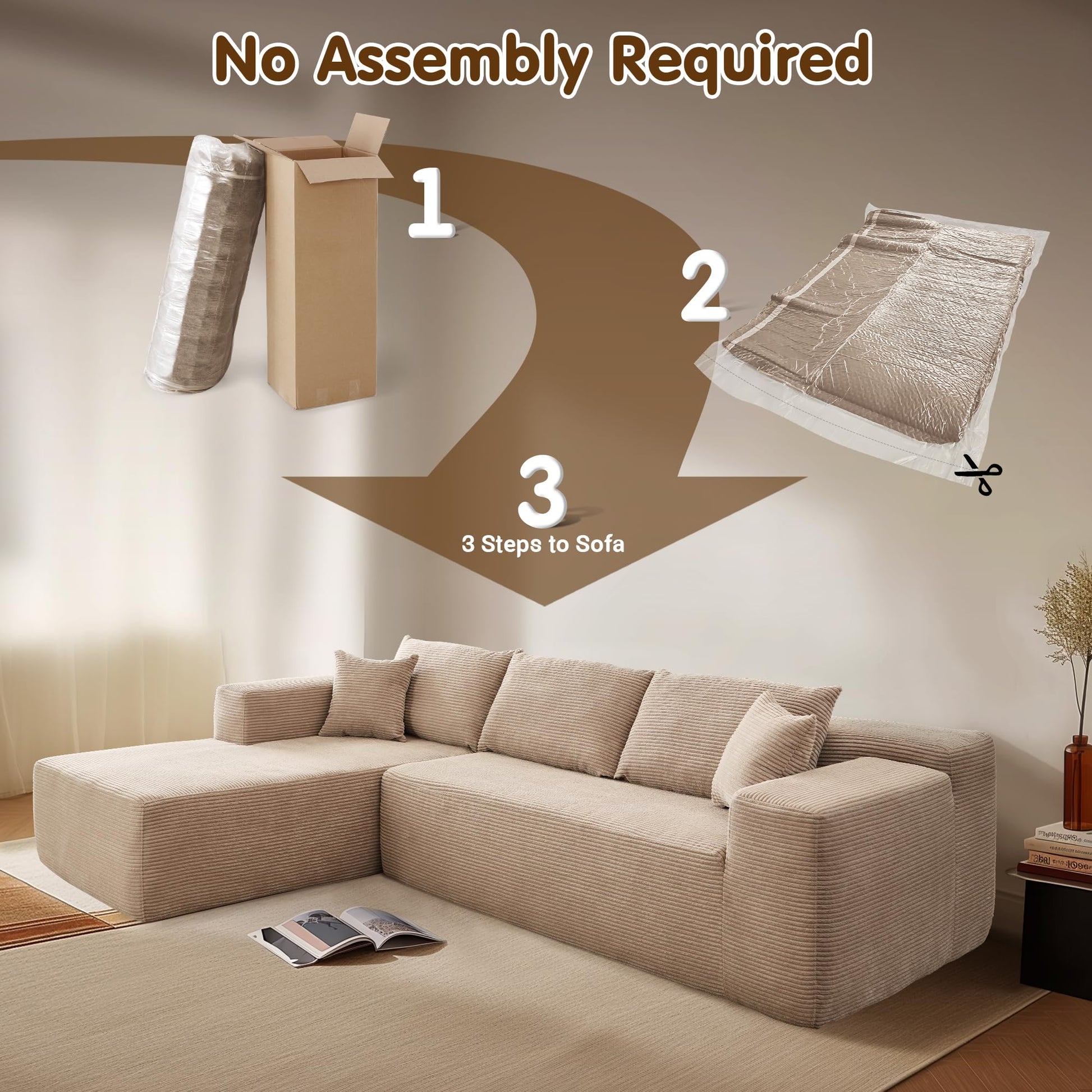 OVIOS 104" L-Shape Modular Couch with Chaise,Corduroy Fabric,No Assembly Required