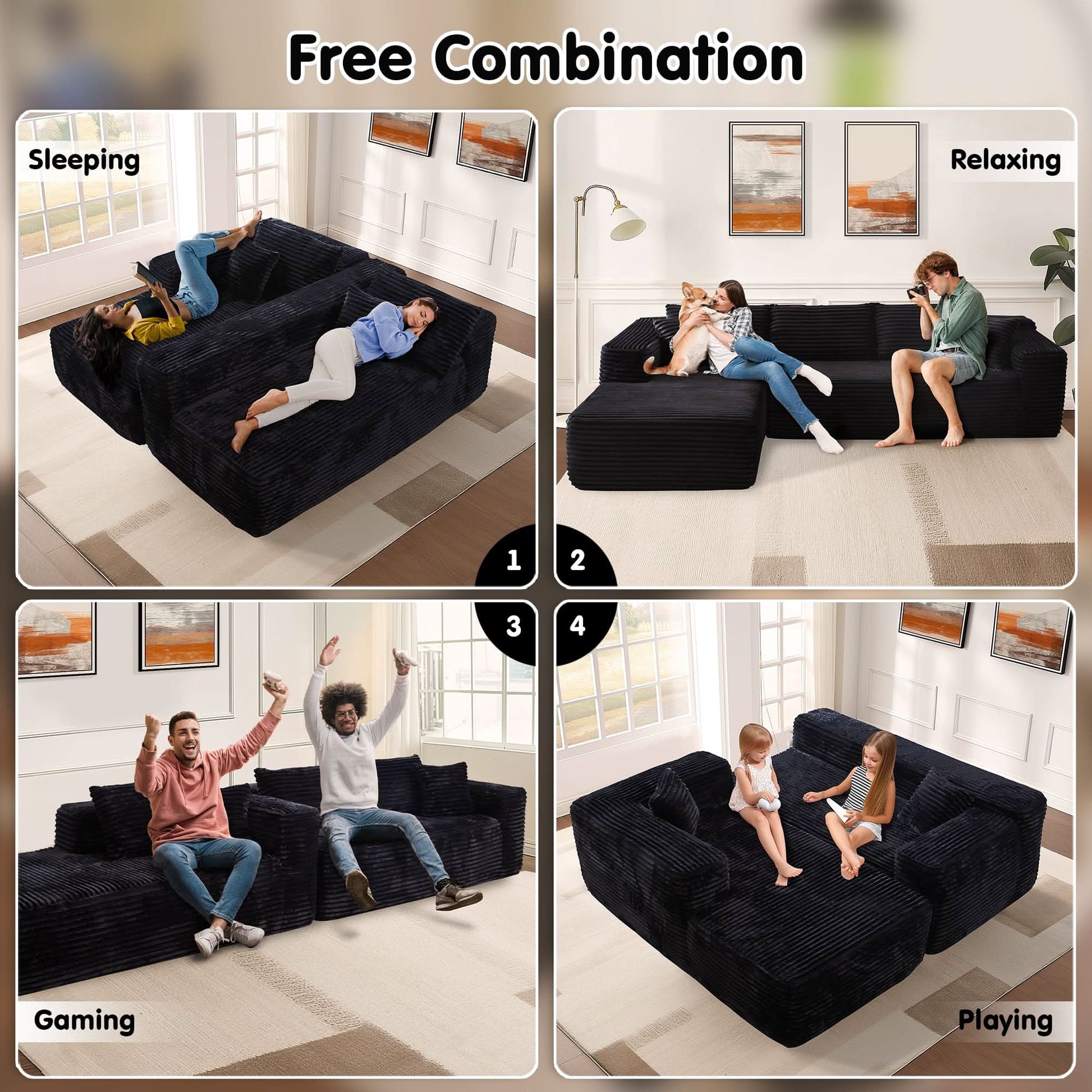 OVIOS 104" L-Shape Modular Couch with Chaise, Plush Corduroy Fabric, No Assembly Required