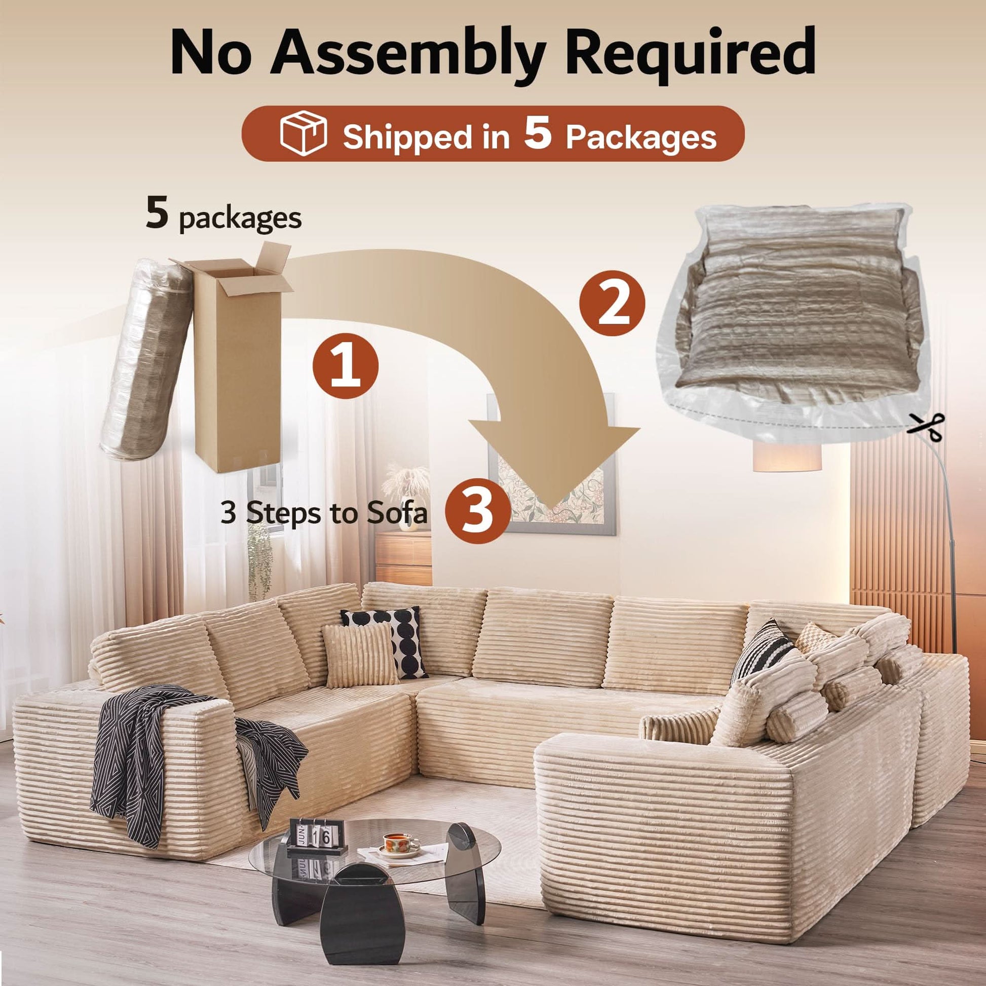 OVIOS Modular Cloud Sofa Corduroy with Memory Foam, U-Shaped Chaise, No Assembly Required