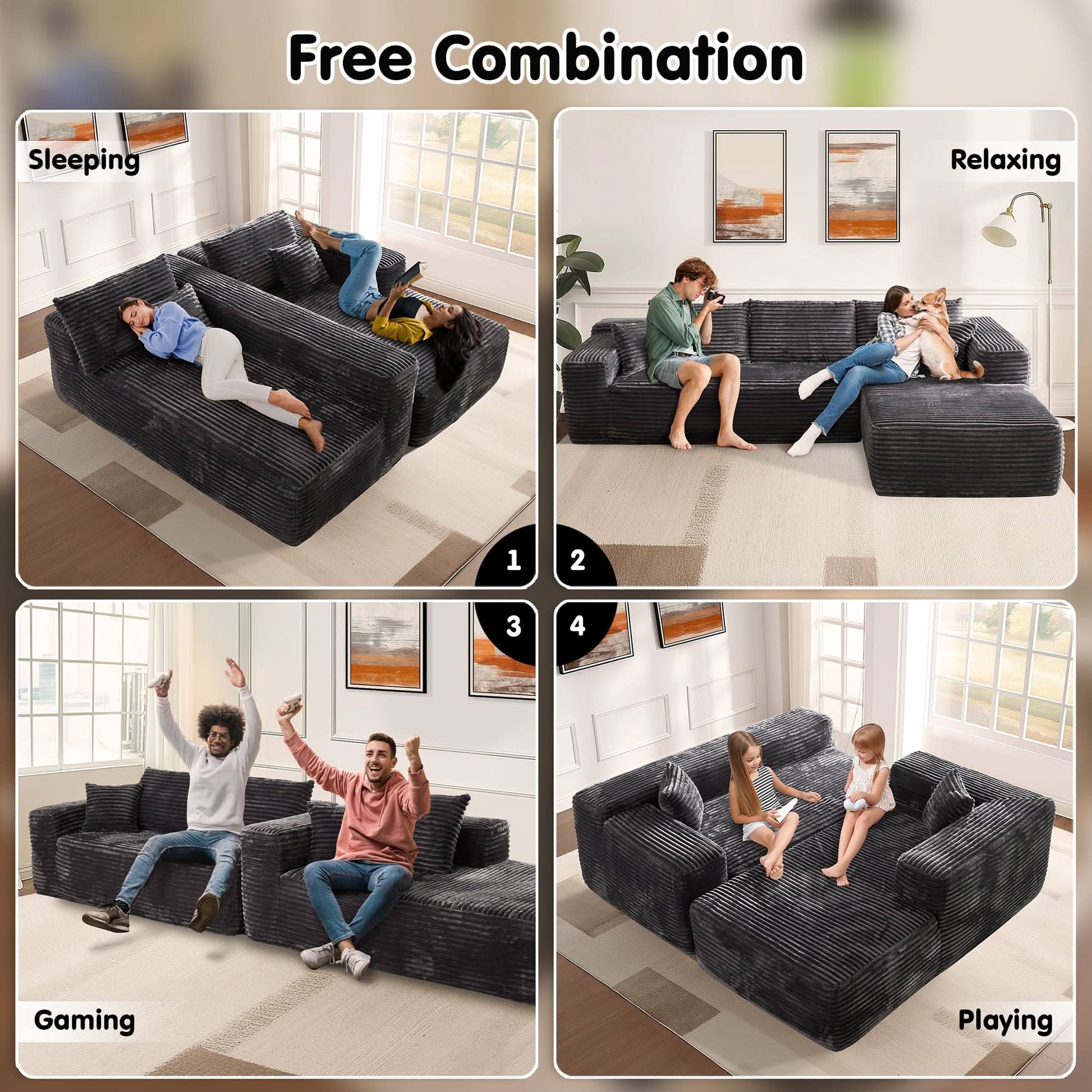 OVIOS 104" L-Shape Modular Couch with Chaise, Plush Corduroy Fabric, No Assembly Required